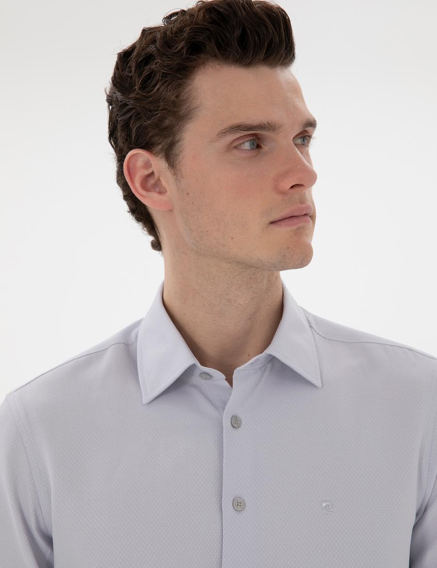 Gri İtalyan Yaka Armürlü Uzun Kollu Gömlek