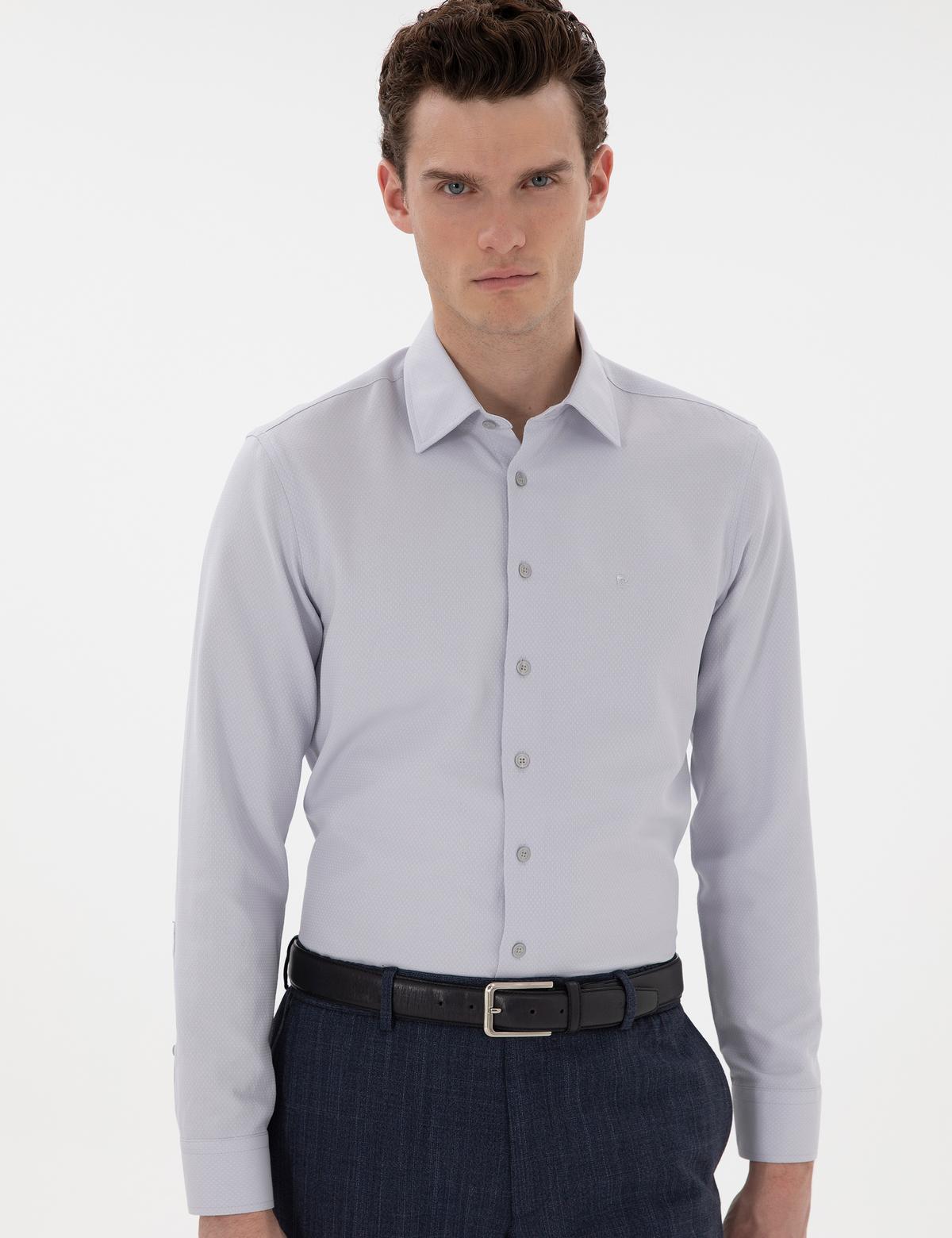 Gri İtalyan Yaka Armürlü Uzun Kollu Gömlek - 50303375025