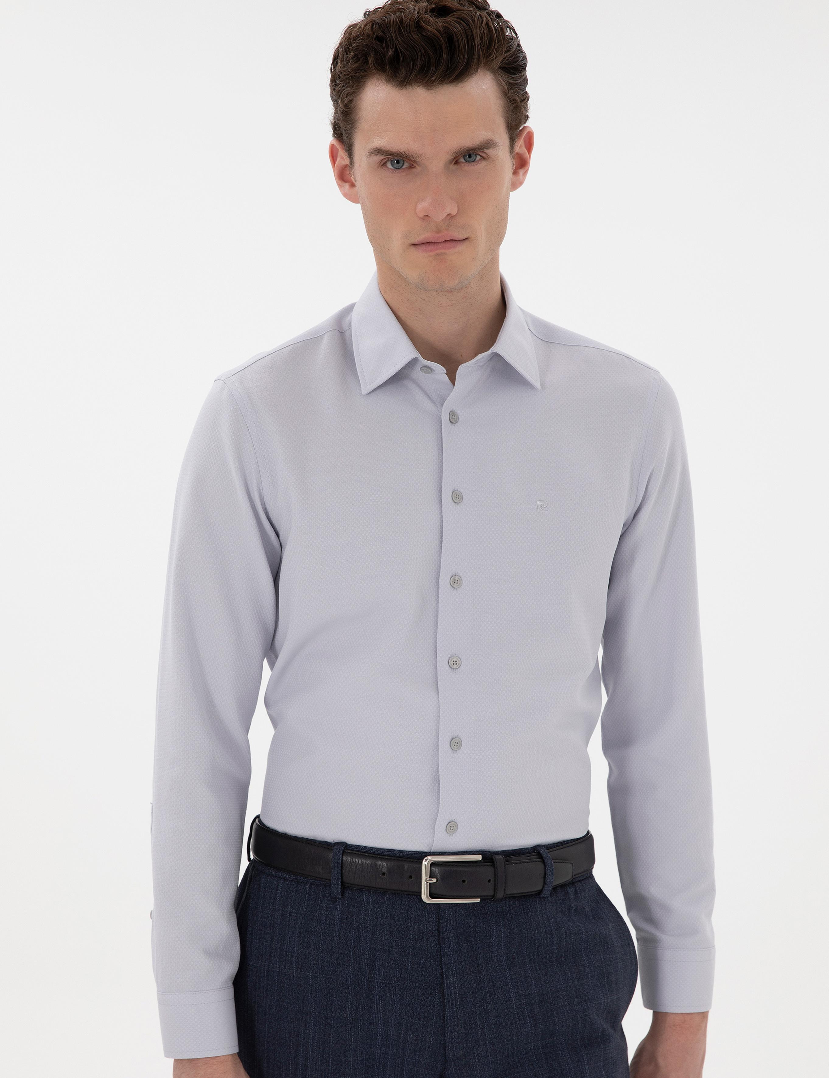 Gri İtalyan Yaka Armürlü Uzun Kollu Gömlek