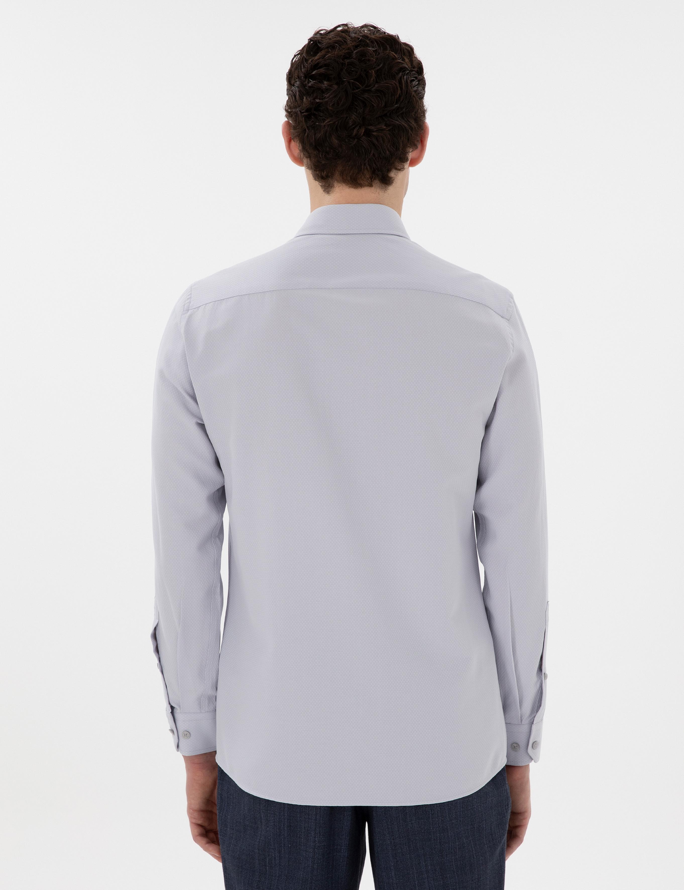 Gri İtalyan Yaka Armürlü Uzun Kollu Gömlek