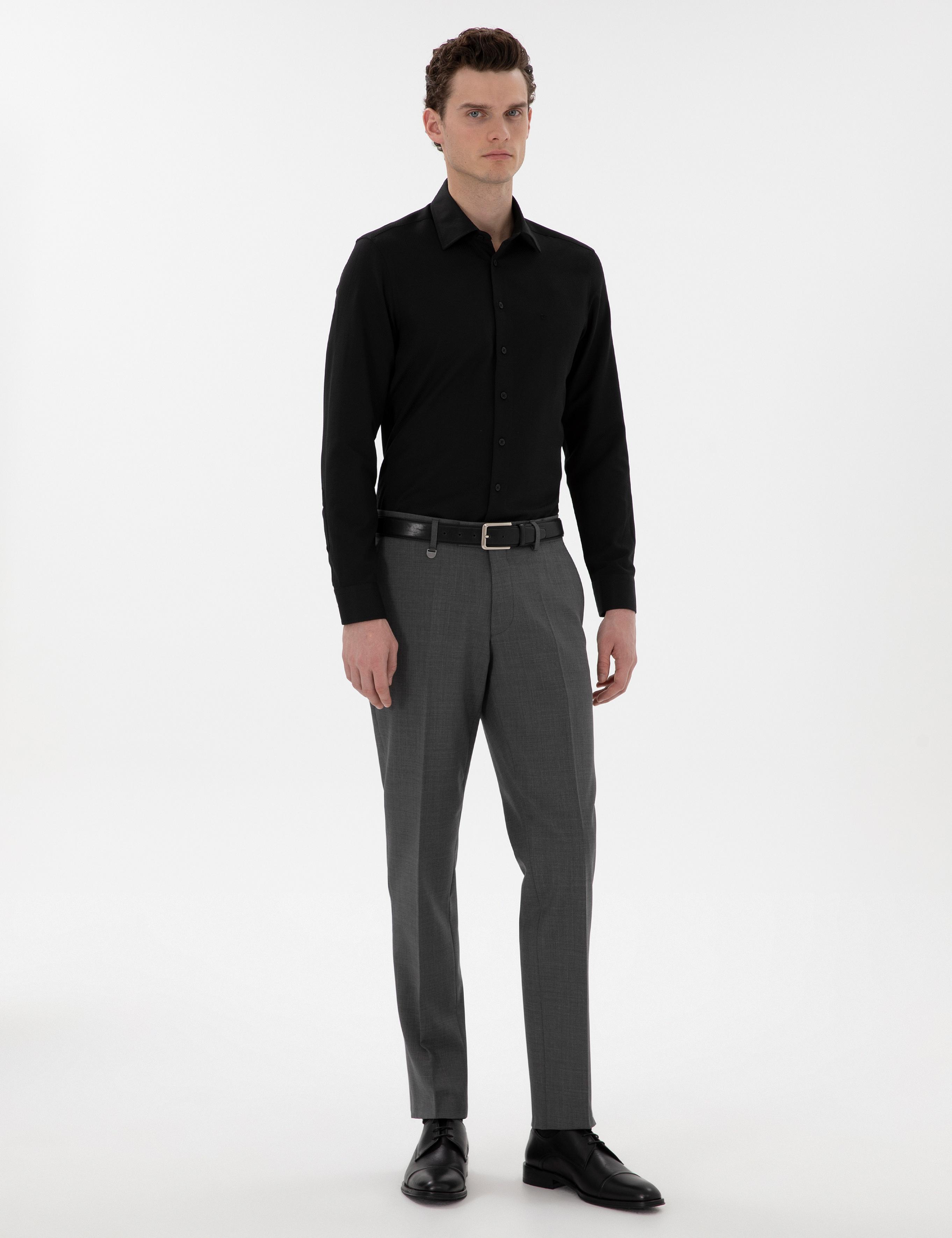 Siyah İtalyan Yaka Armürlü Uzun Kollu Gömlek