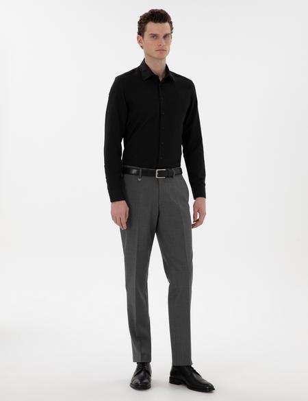 Siyah İtalyan Yaka Armürlü Uzun Kollu Gömlek - 50303375036