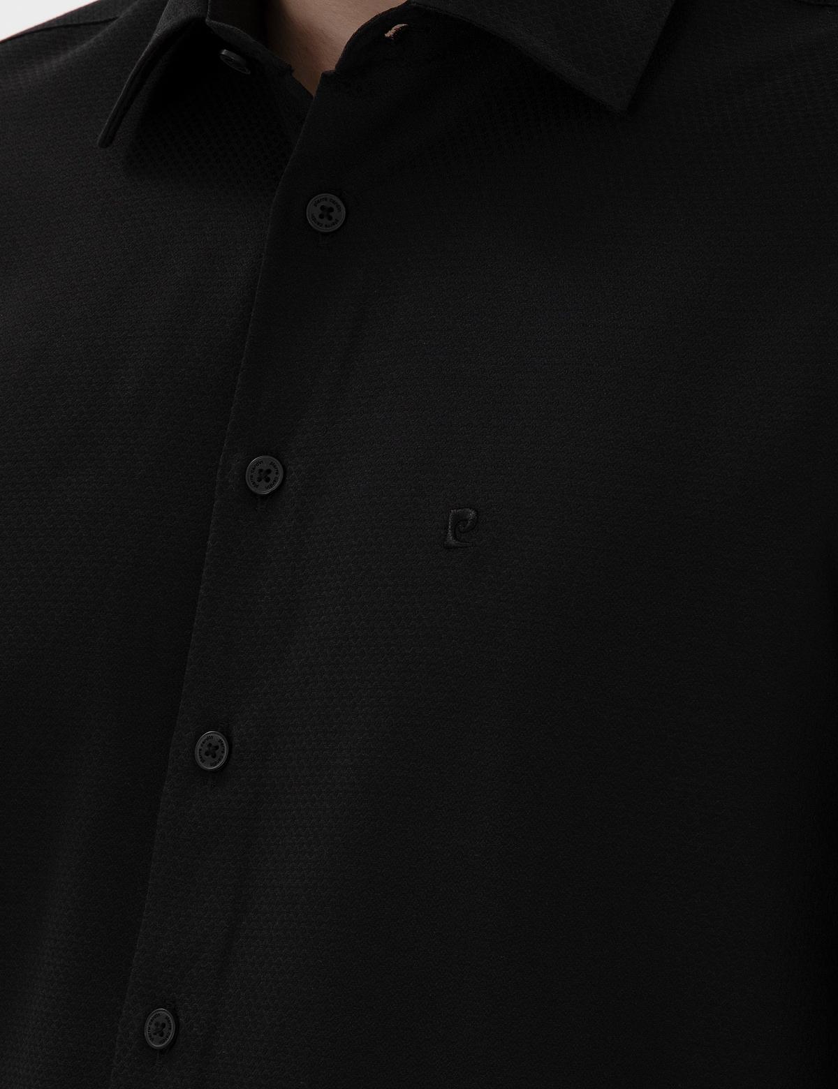 Siyah İtalyan Yaka Armürlü Uzun Kollu Gömlek - 50303375036