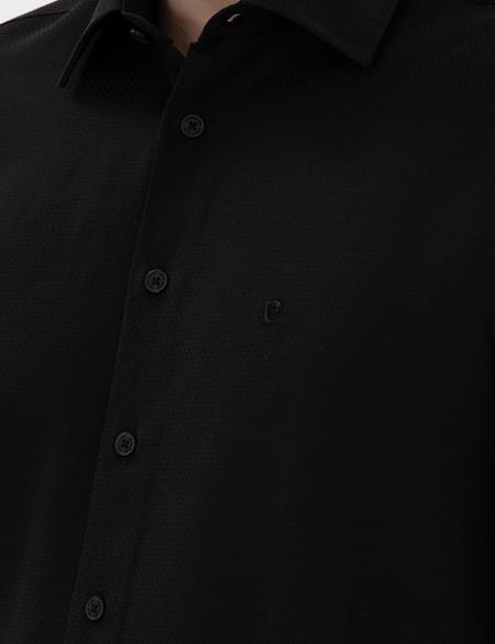 Siyah İtalyan Yaka Armürlü Uzun Kollu Gömlek - 50303375036