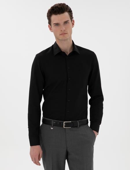 Siyah İtalyan Yaka Armürlü Uzun Kollu Gömlek - 50303375036