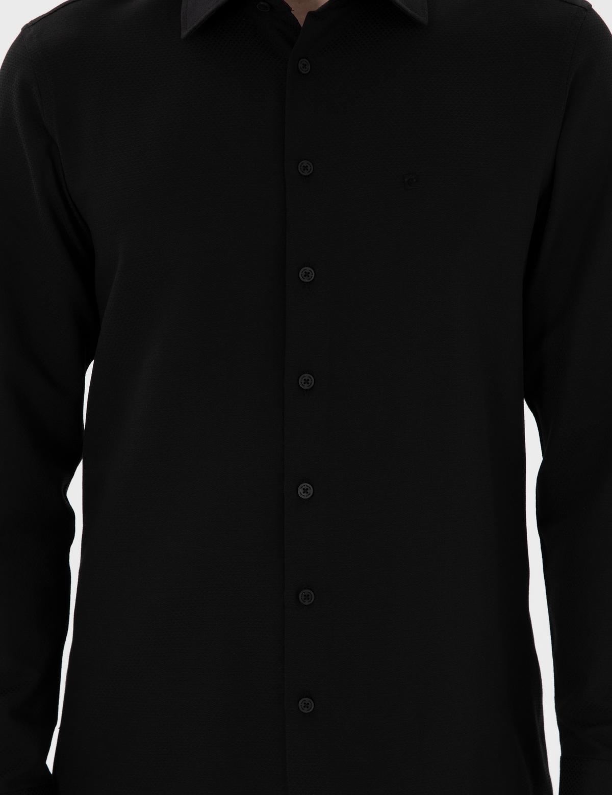 Siyah İtalyan Yaka Armürlü Uzun Kollu Gömlek - 50303375036