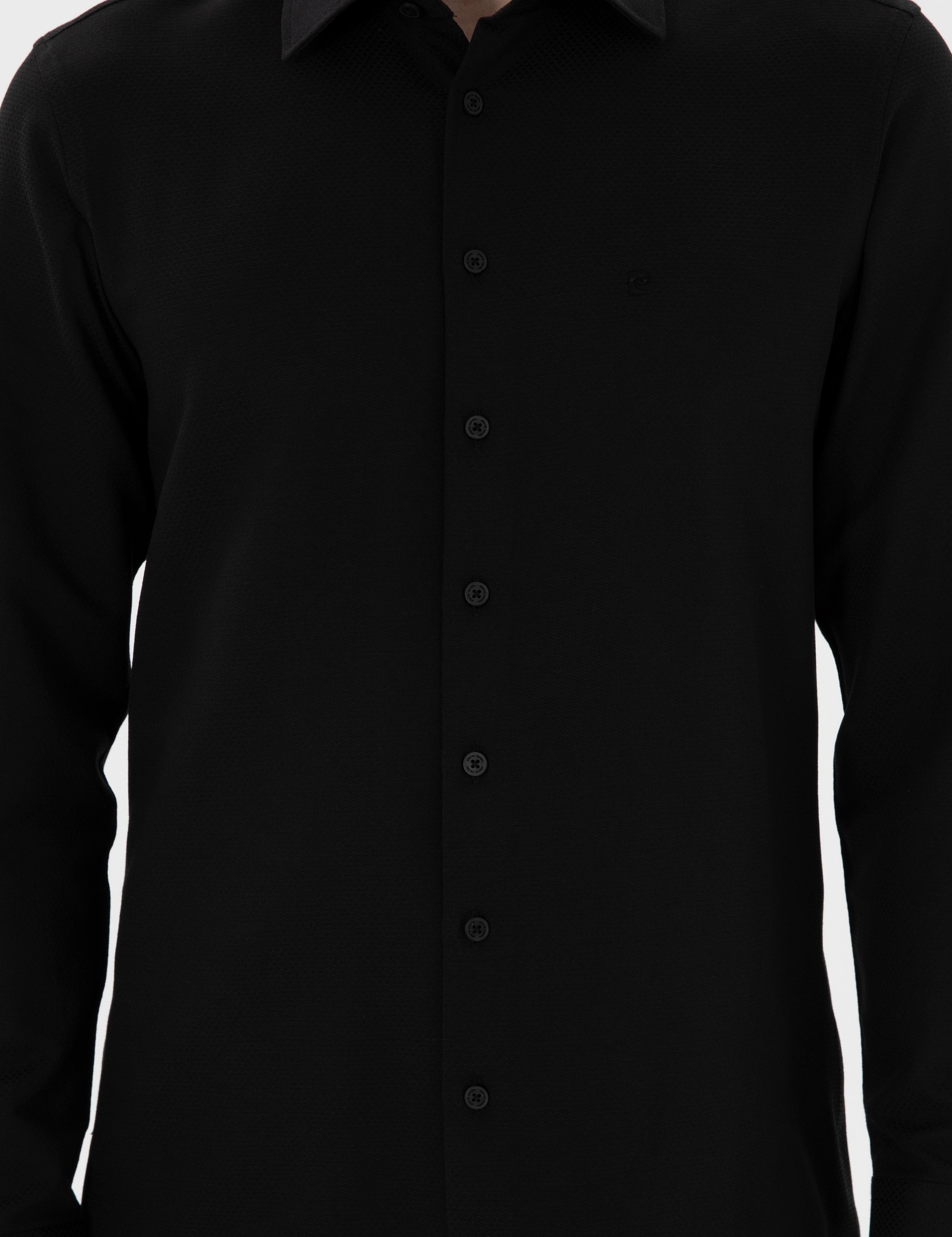 Siyah İtalyan Yaka Armürlü Uzun Kollu Gömlek