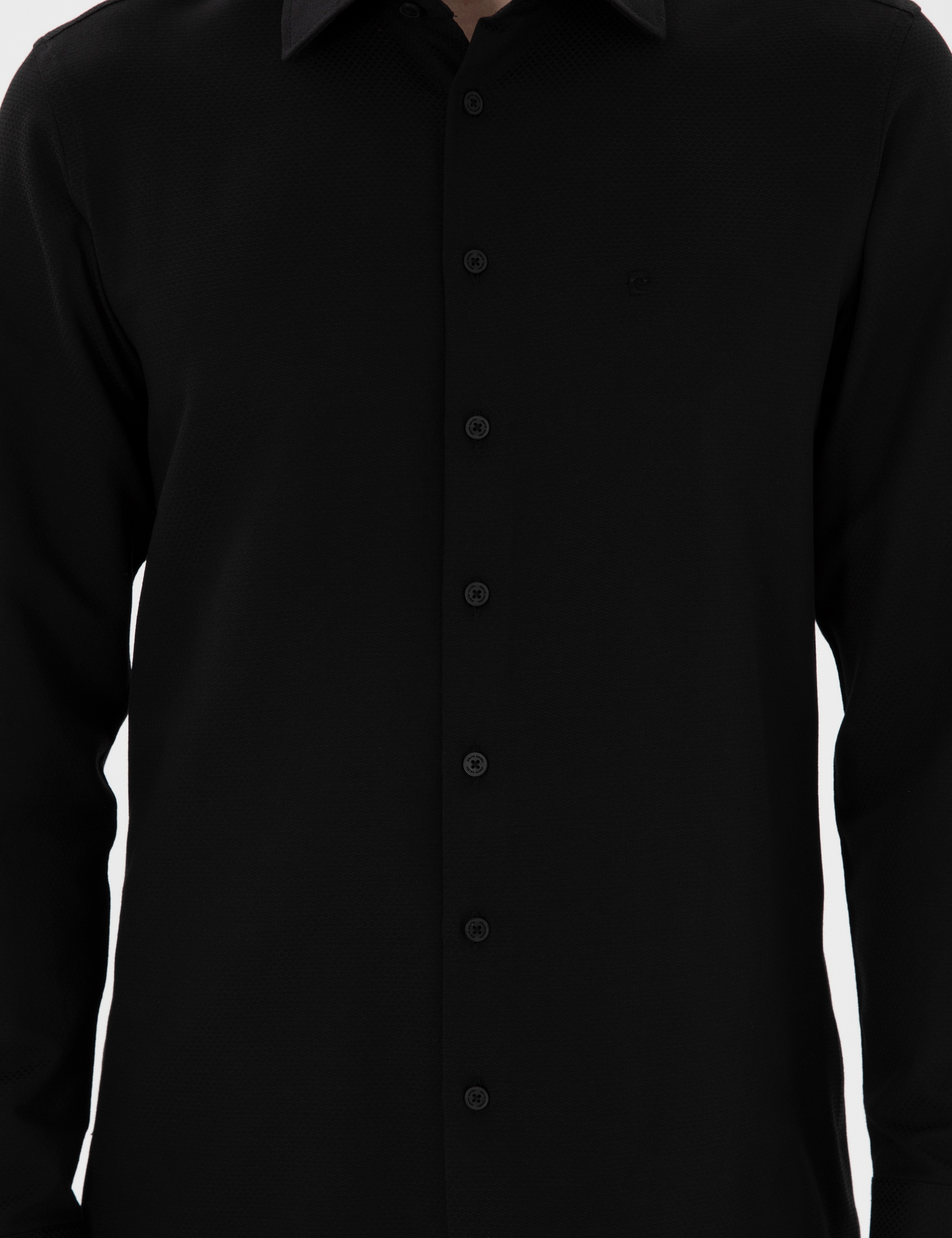 Siyah İtalyan Yaka Armürlü Uzun Kollu Gömlek
