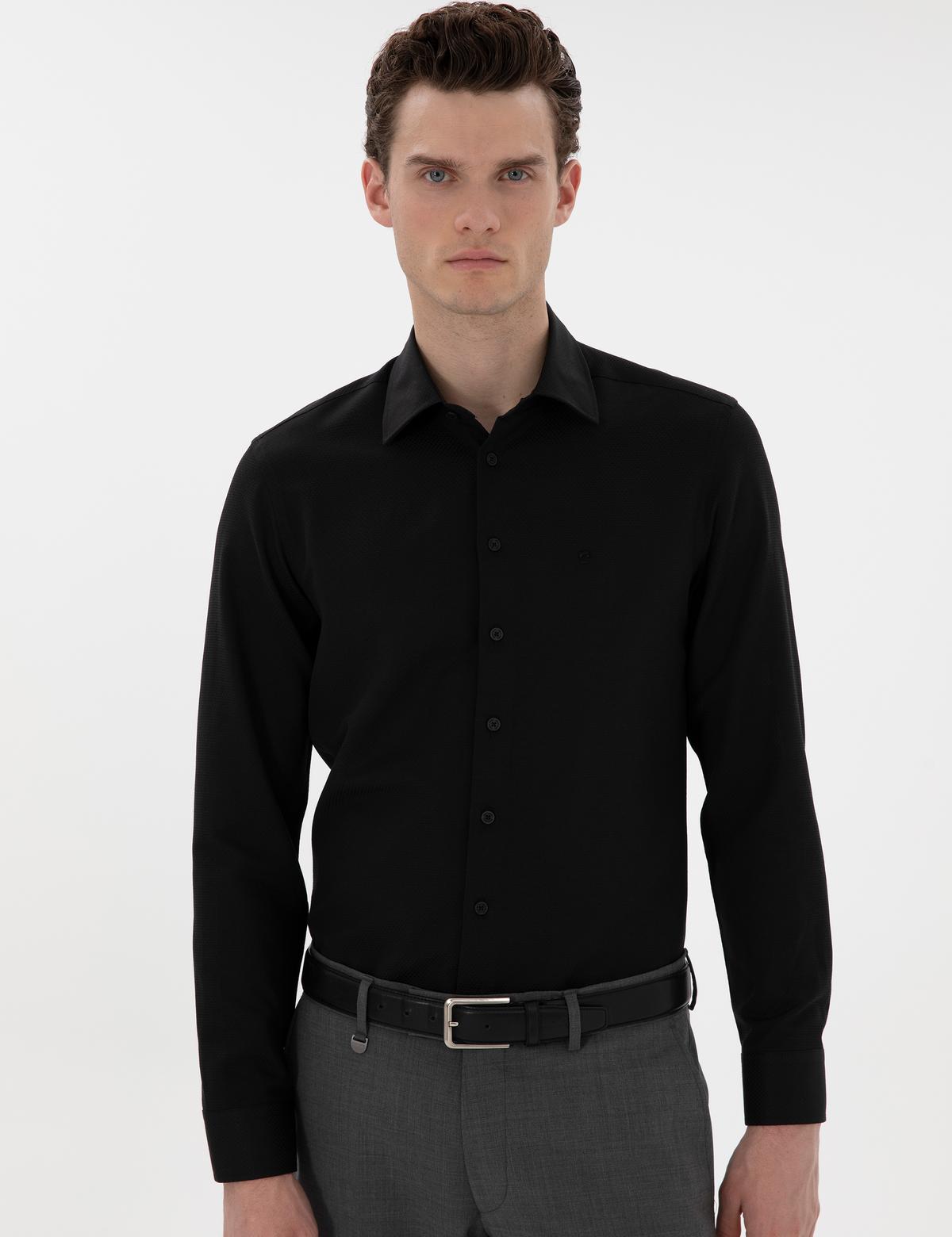 Siyah İtalyan Yaka Armürlü Uzun Kollu Gömlek - 50303375036