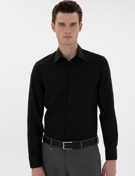 Siyah İtalyan Yaka Armürlü Uzun Kollu Gömlek - 50303375036