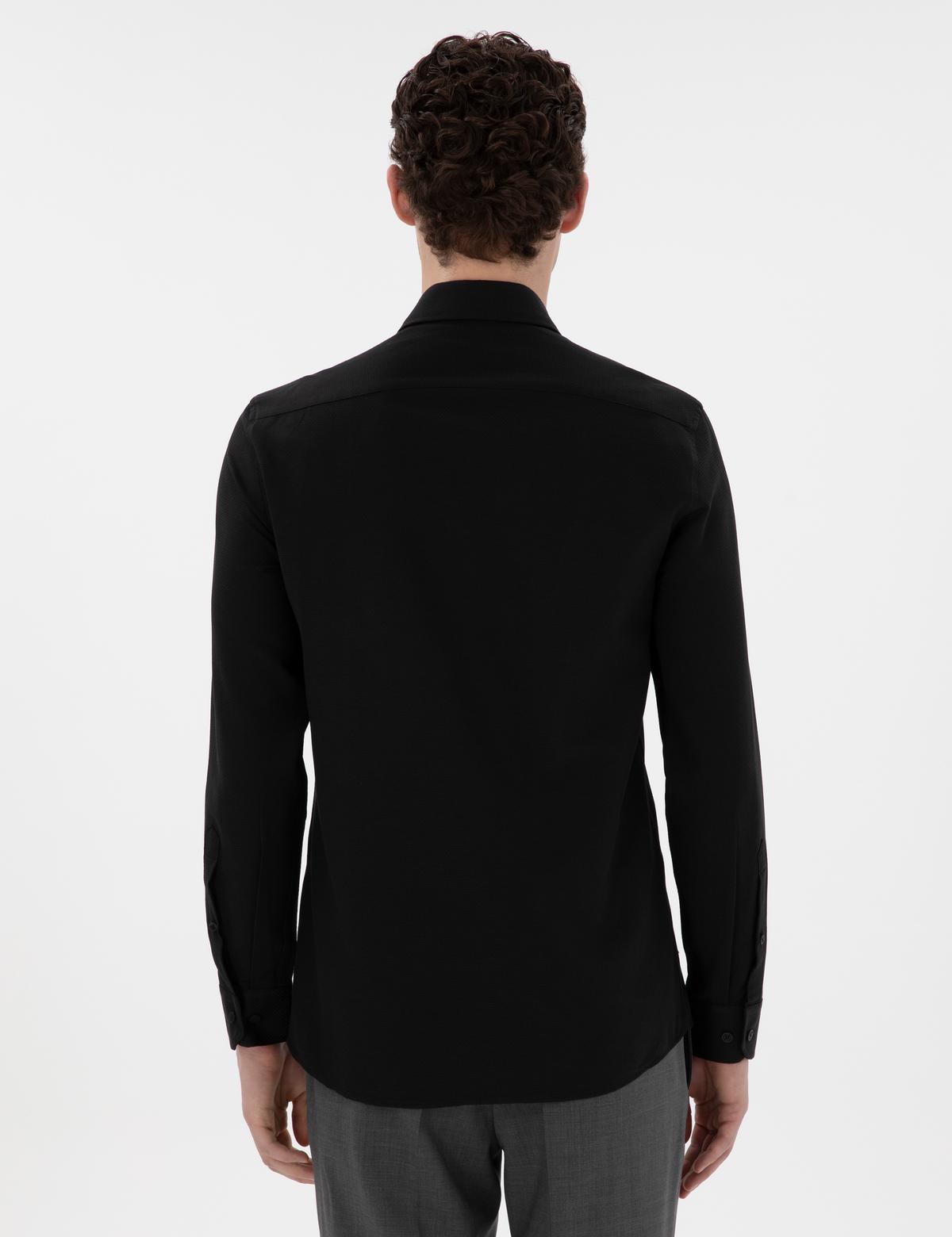 Siyah İtalyan Yaka Armürlü Uzun Kollu Gömlek - 50303375036
