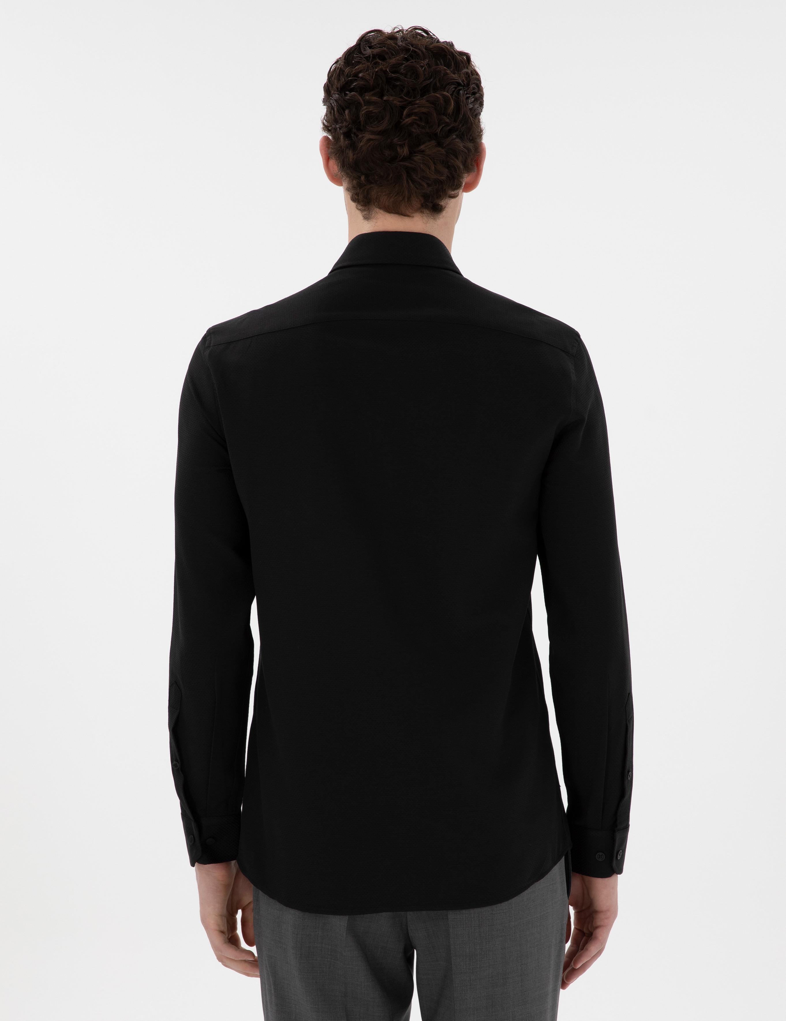 Siyah İtalyan Yaka Armürlü Uzun Kollu Gömlek