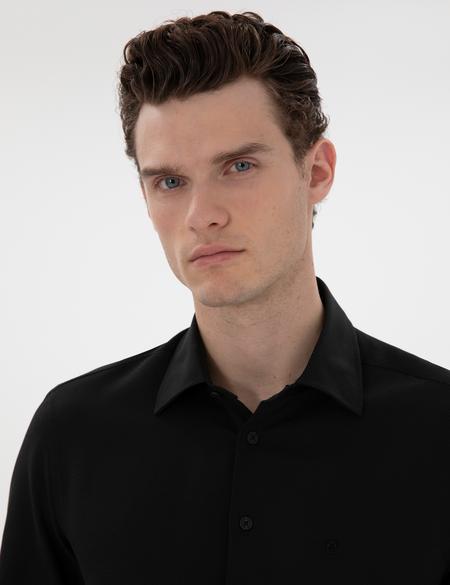 Siyah İtalyan Yaka Armürlü Uzun Kollu Gömlek - 50303375036