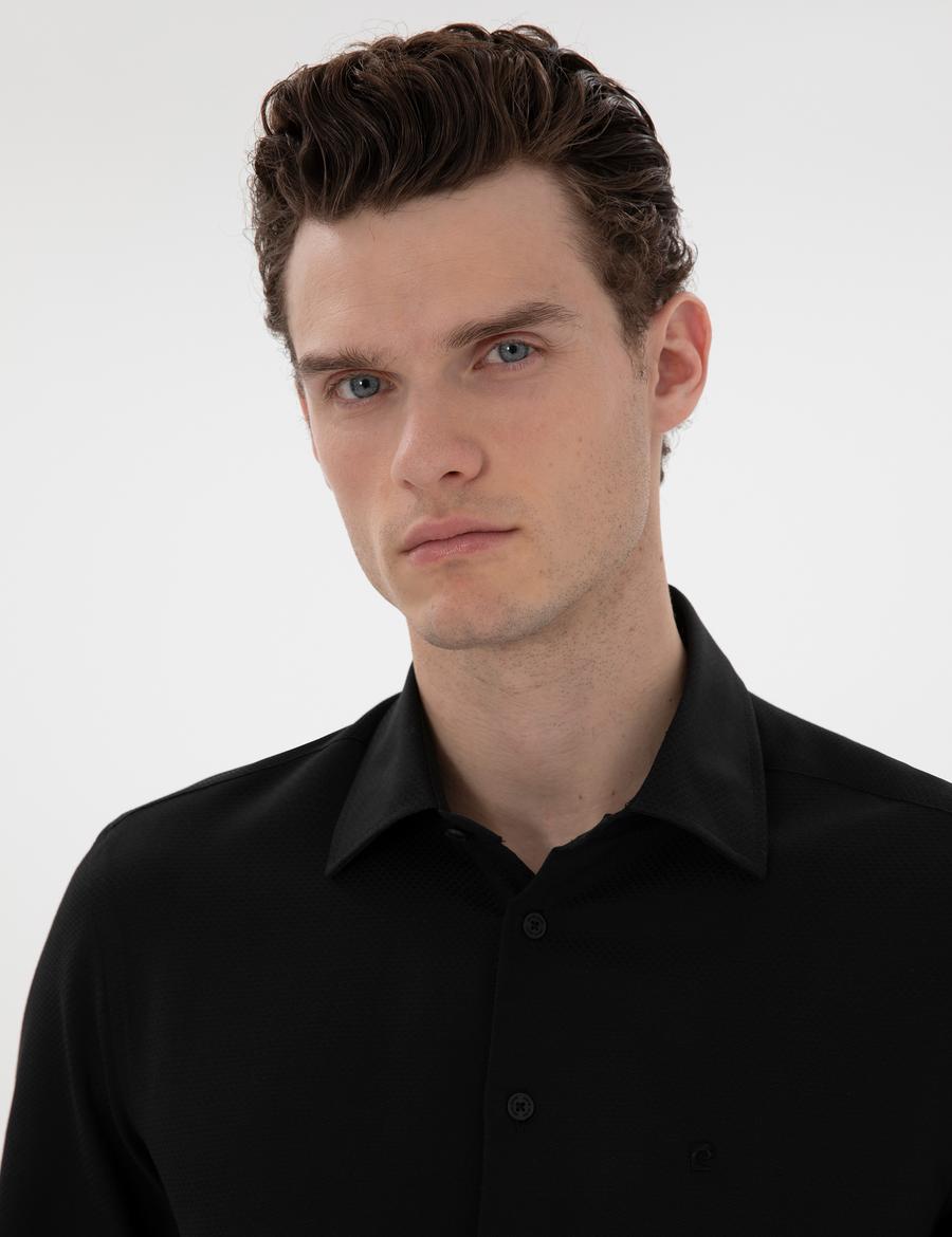 Siyah İtalyan Yaka Armürlü Uzun Kollu Gömlek