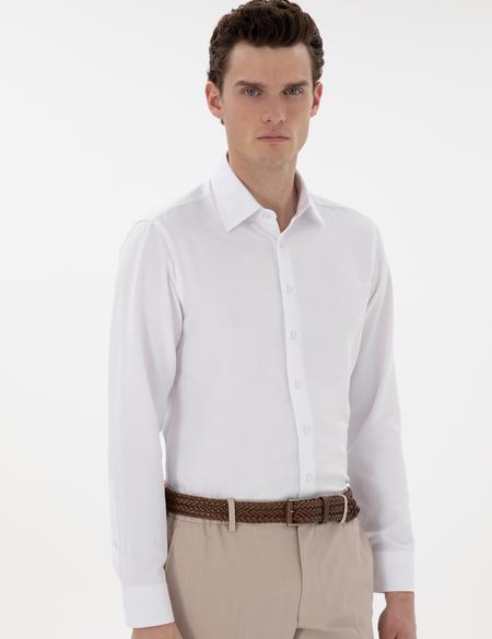Beyaz İtalyan Yaka Armürlü Uzun Kollu Gömlek - 50303375008