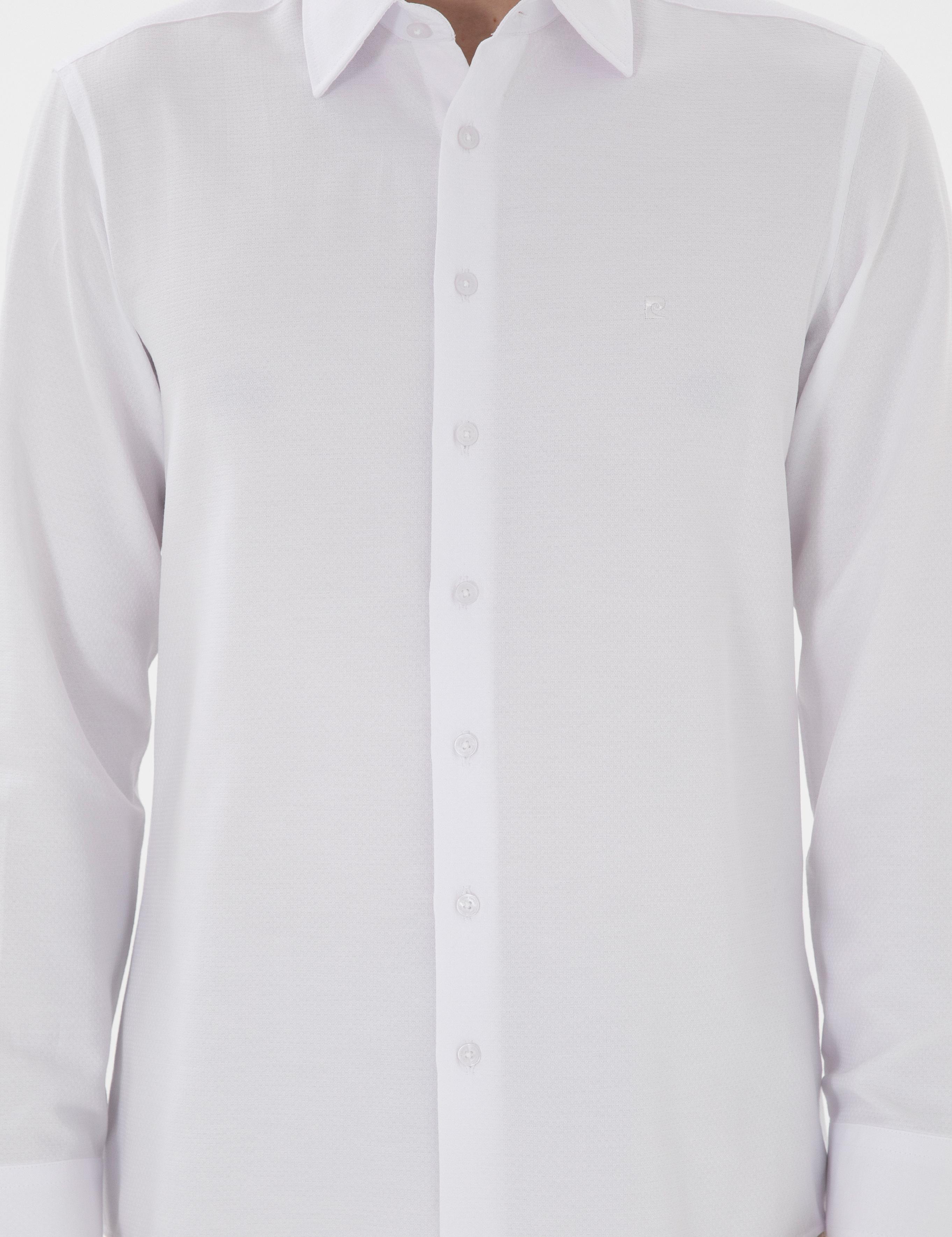Beyaz İtalyan Yaka Armürlü Uzun Kollu Gömlek