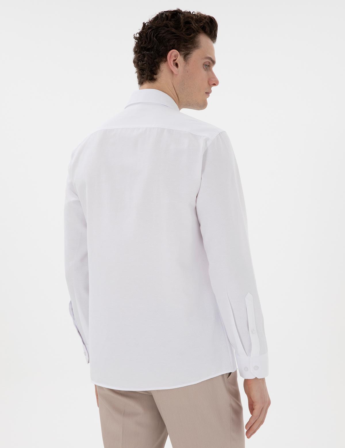 Beyaz İtalyan Yaka Armürlü Uzun Kollu Gömlek - 50303375008