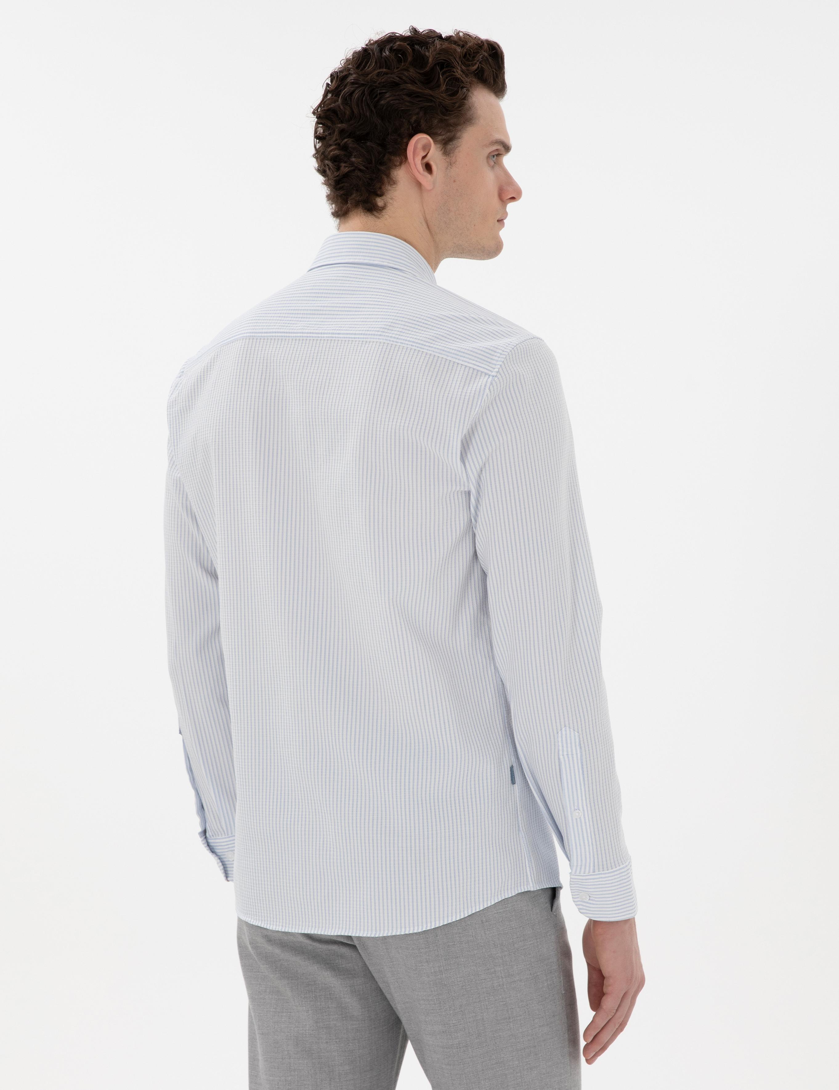 Açık Mavi Slim Fit Çizgili Uzun Kollu Gömlek