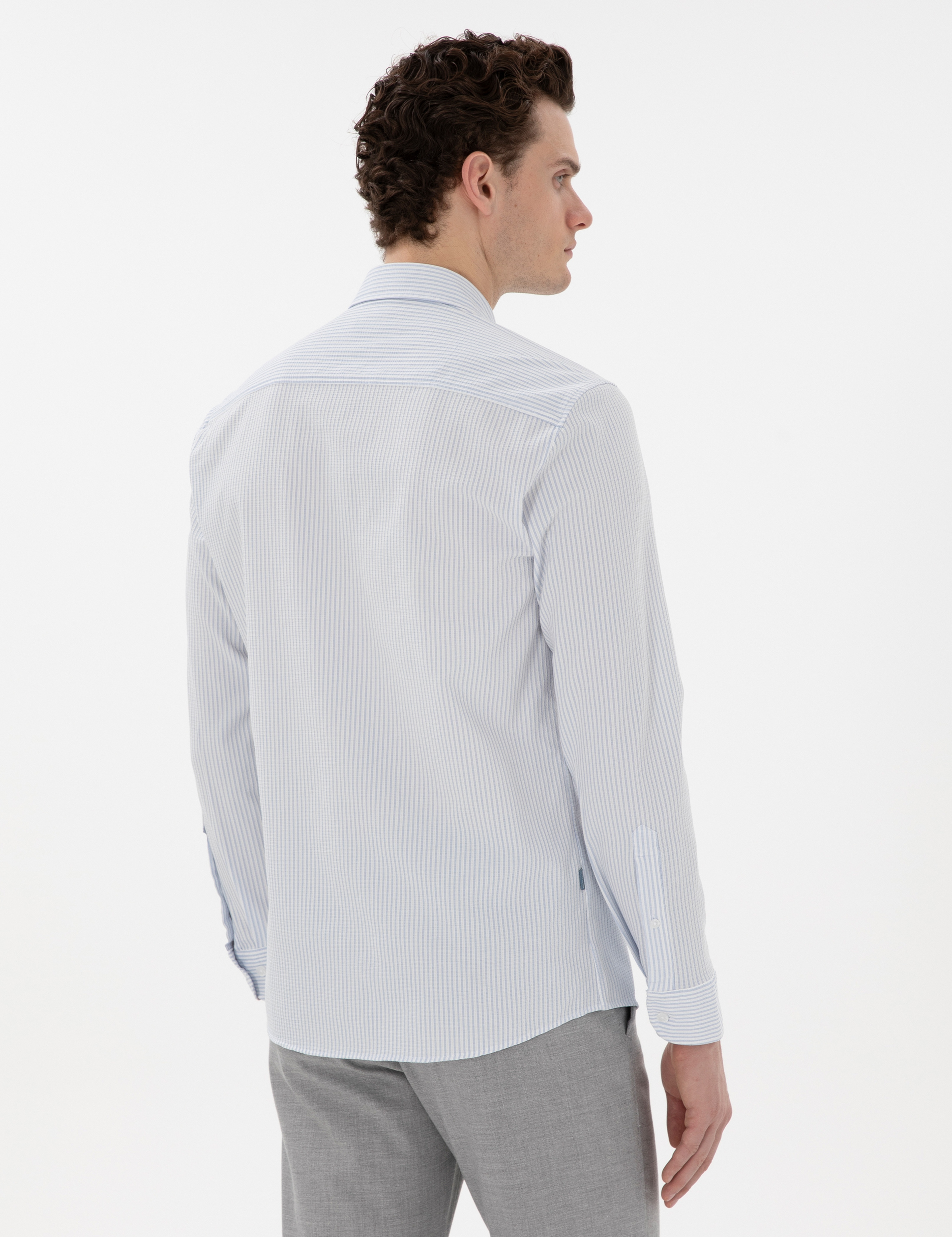 Açık Mavi Slim Fit Çizgili Uzun Kollu Gömlek - Image 5