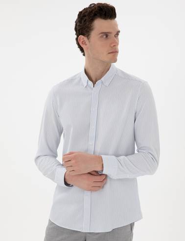 Açık Mavi Slim Fit Çizgili Uzun Kollu Gömlek