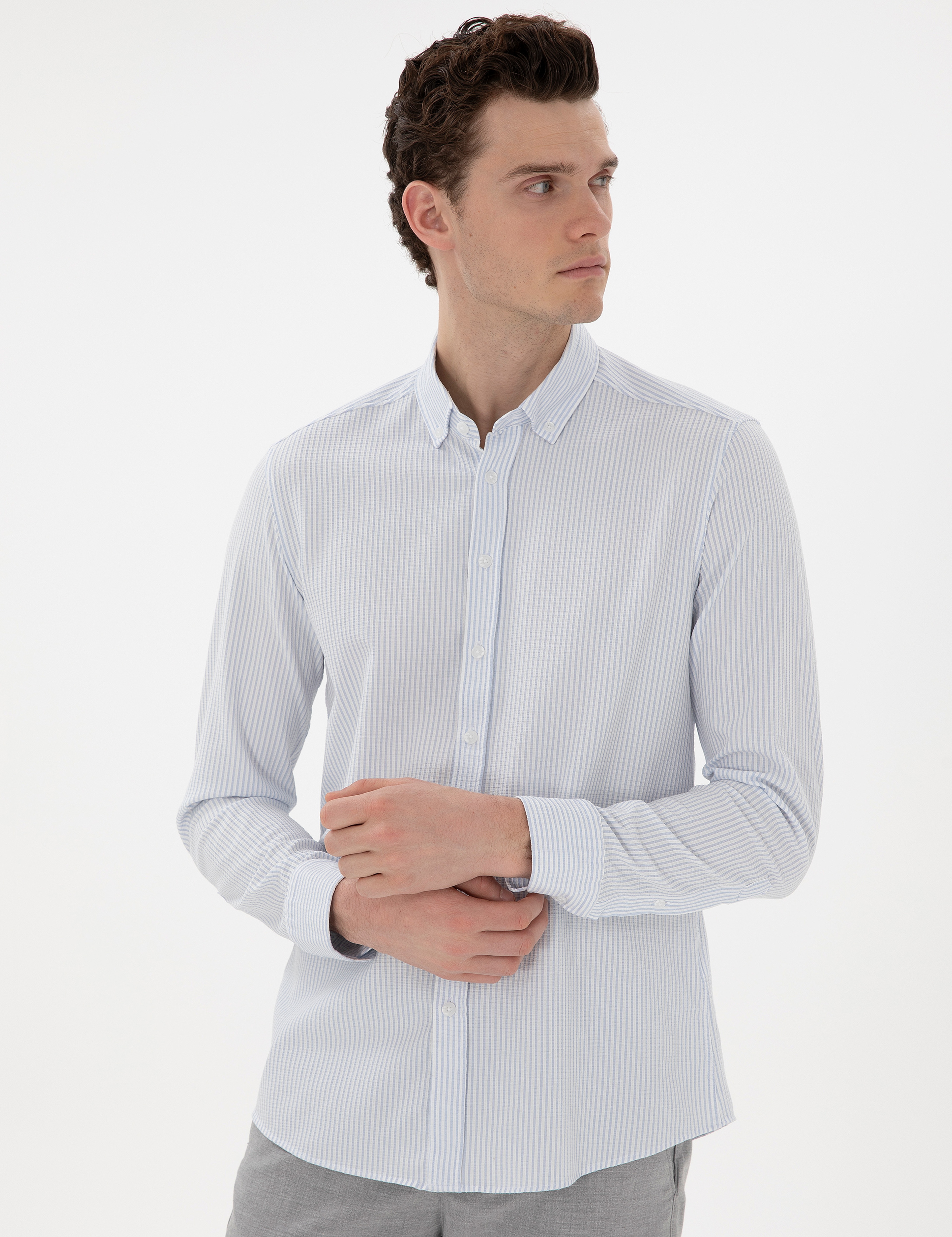 Açık Mavi Slim Fit Çizgili Uzun Kollu Gömlek - Image 3