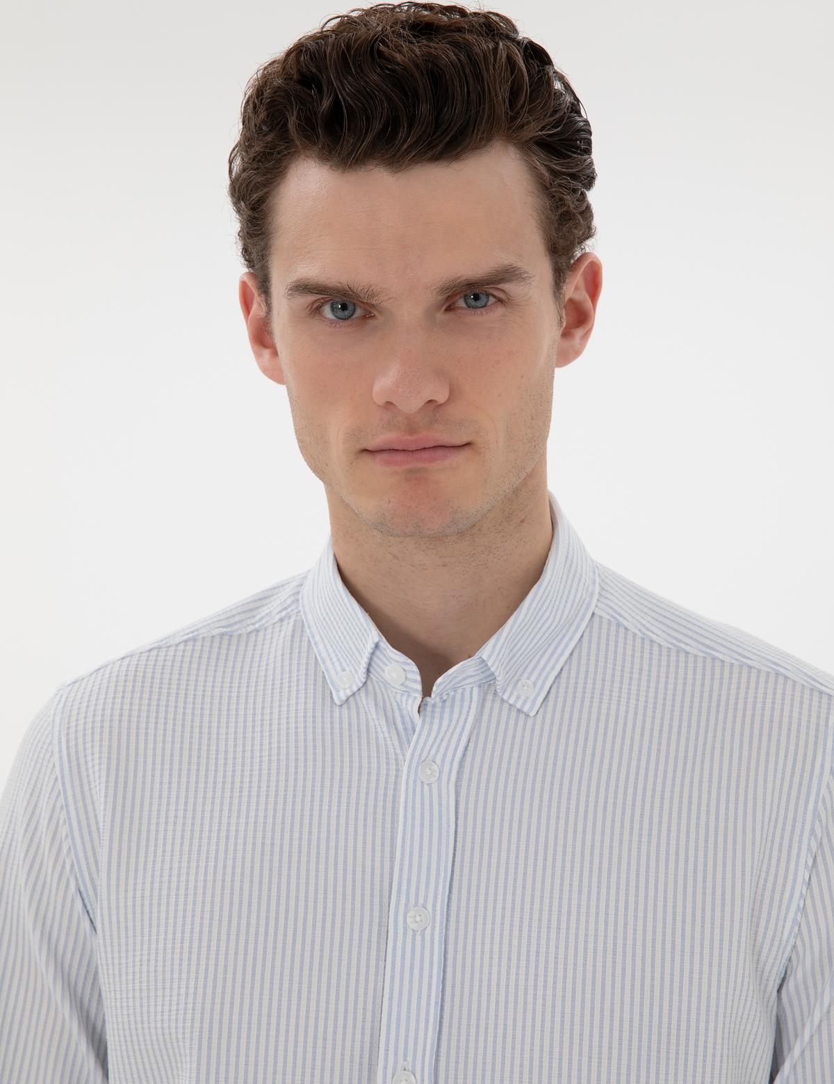 Açık Mavi Slim Fit Çizgili Uzun Kollu Gömlek - 50301583019
