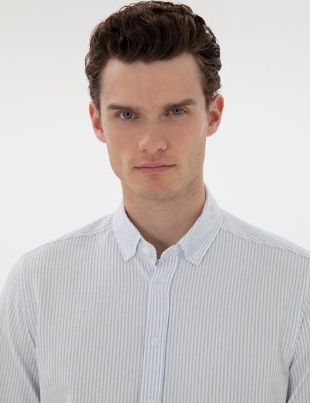 Açık Mavi Slim Fit Çizgili Uzun Kollu Gömlek - 50301583019