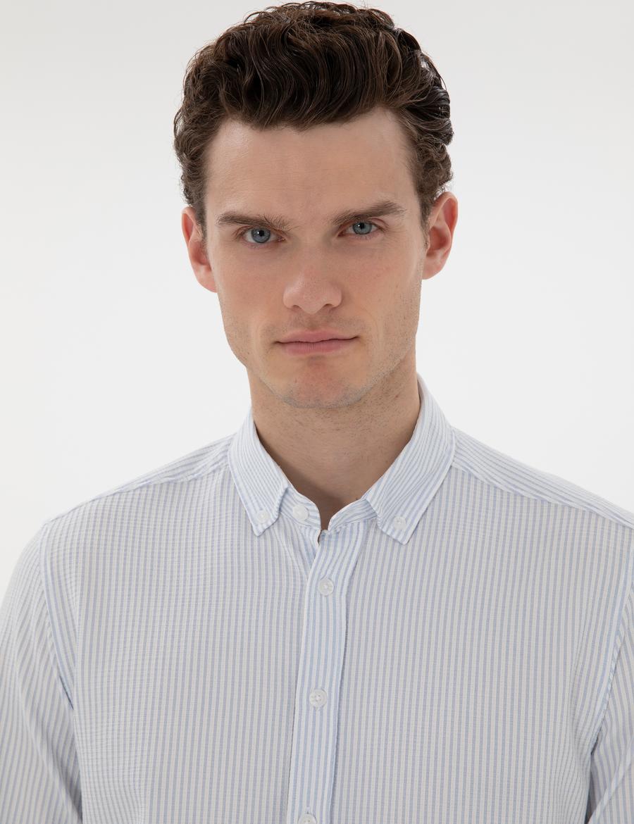 Açık Mavi Slim Fit Çizgili Uzun Kollu Gömlek