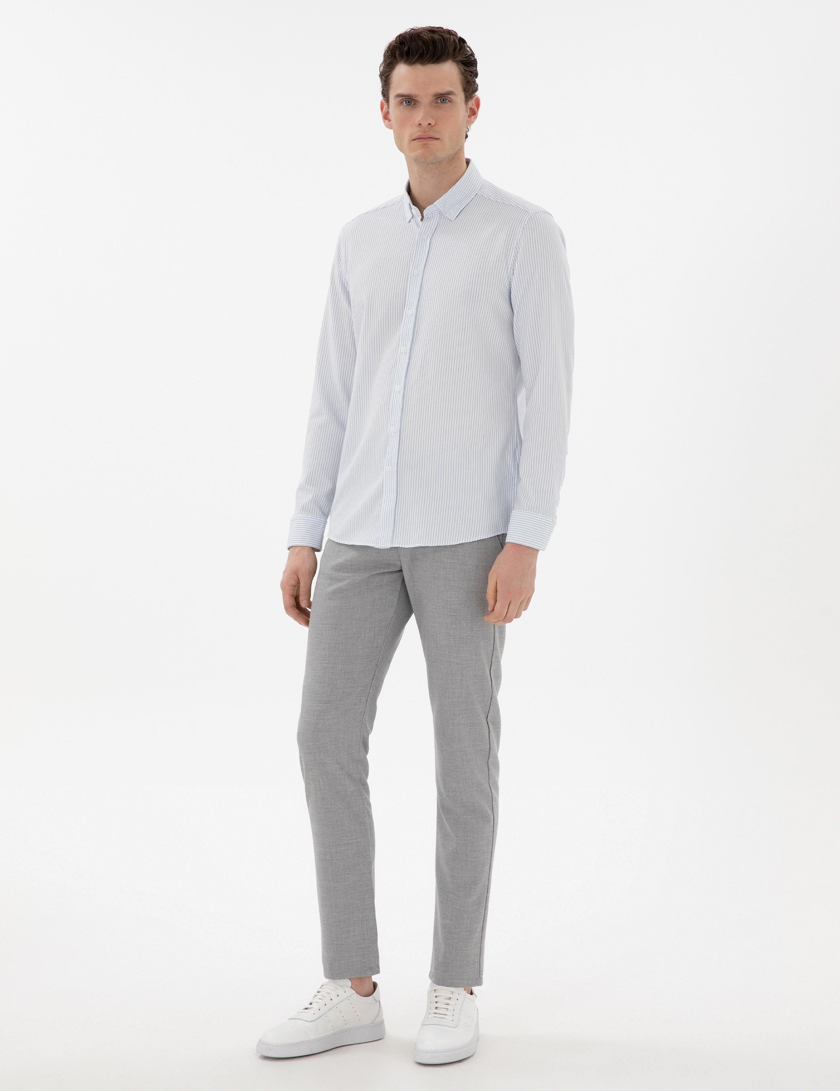 Açık Mavi Slim Fit Çizgili Uzun Kollu Gömlek