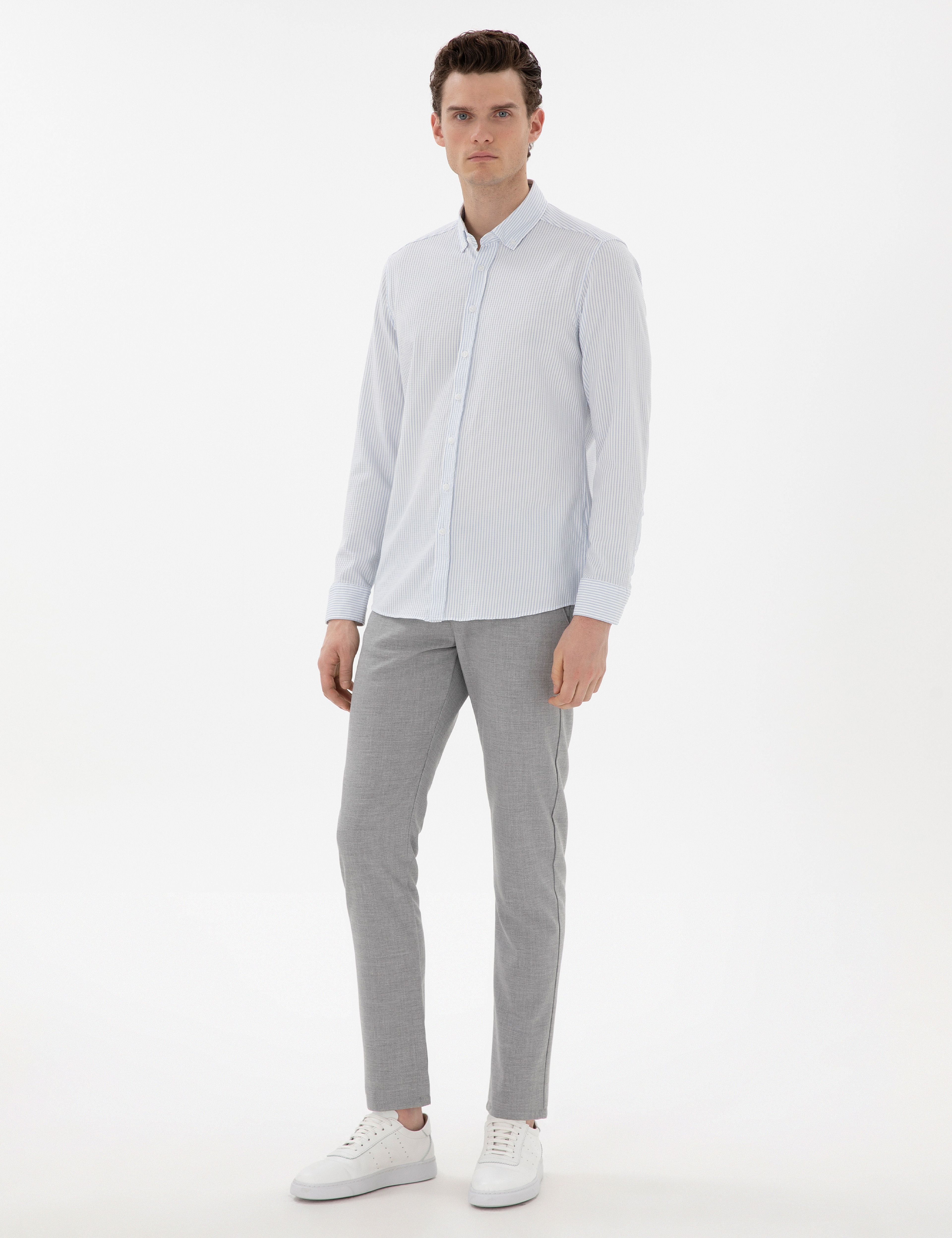 Açık Mavi Slim Fit Çizgili Uzun Kollu Gömlek