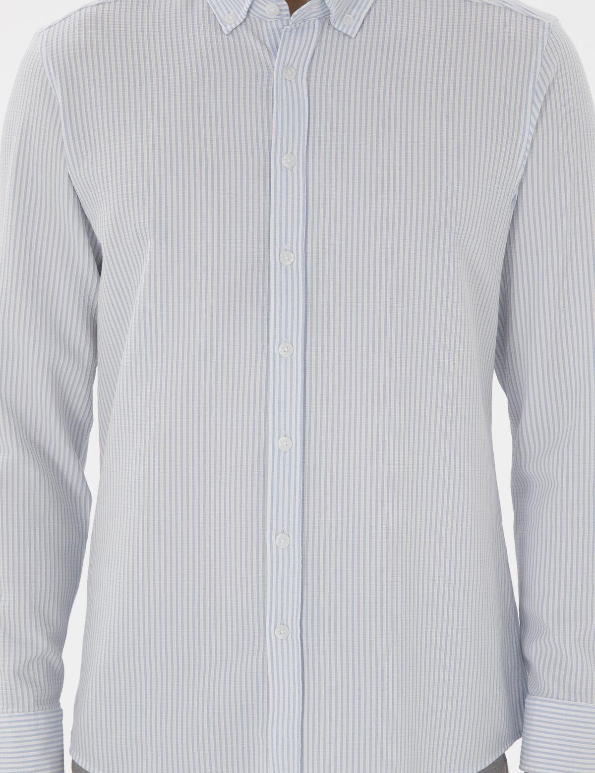 Açık Mavi Slim Fit Çizgili Uzun Kollu Gömlek - 50301583019