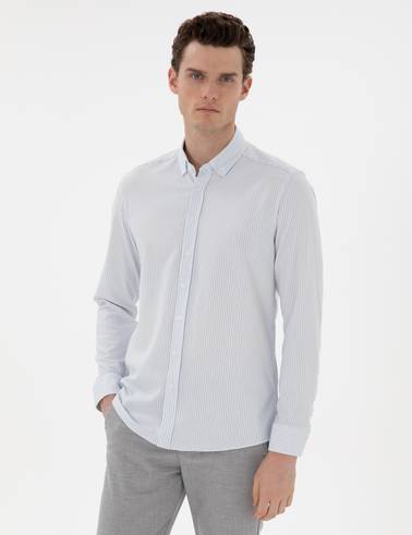 Açık Mavi Slim Fit Çizgili Uzun Kollu Gömlek