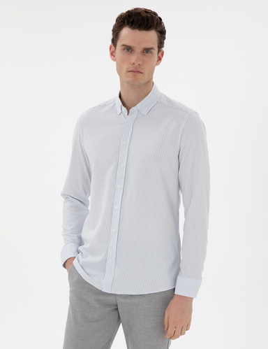 Açık Mavi Slim Fit Çizgili Uzun Kollu Gömlek