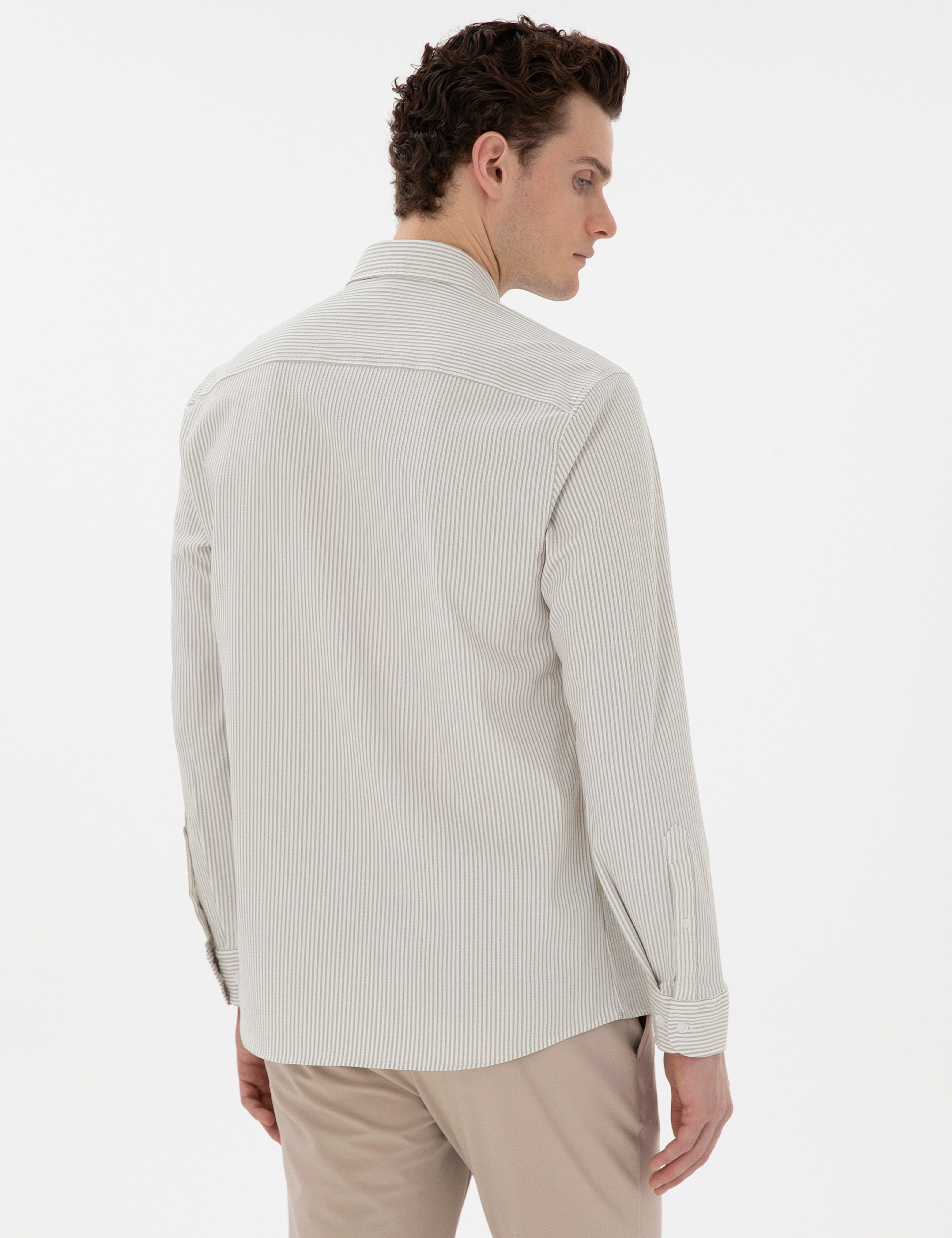 Çağla Slim Fit Çizgili Uzun Kollu Gömlek - Image 5
