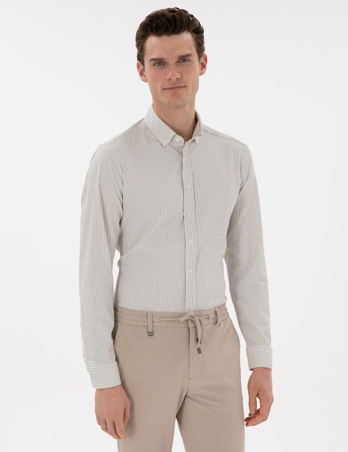 Çağla Slim Fit Çizgili Uzun Kollu Gömlek