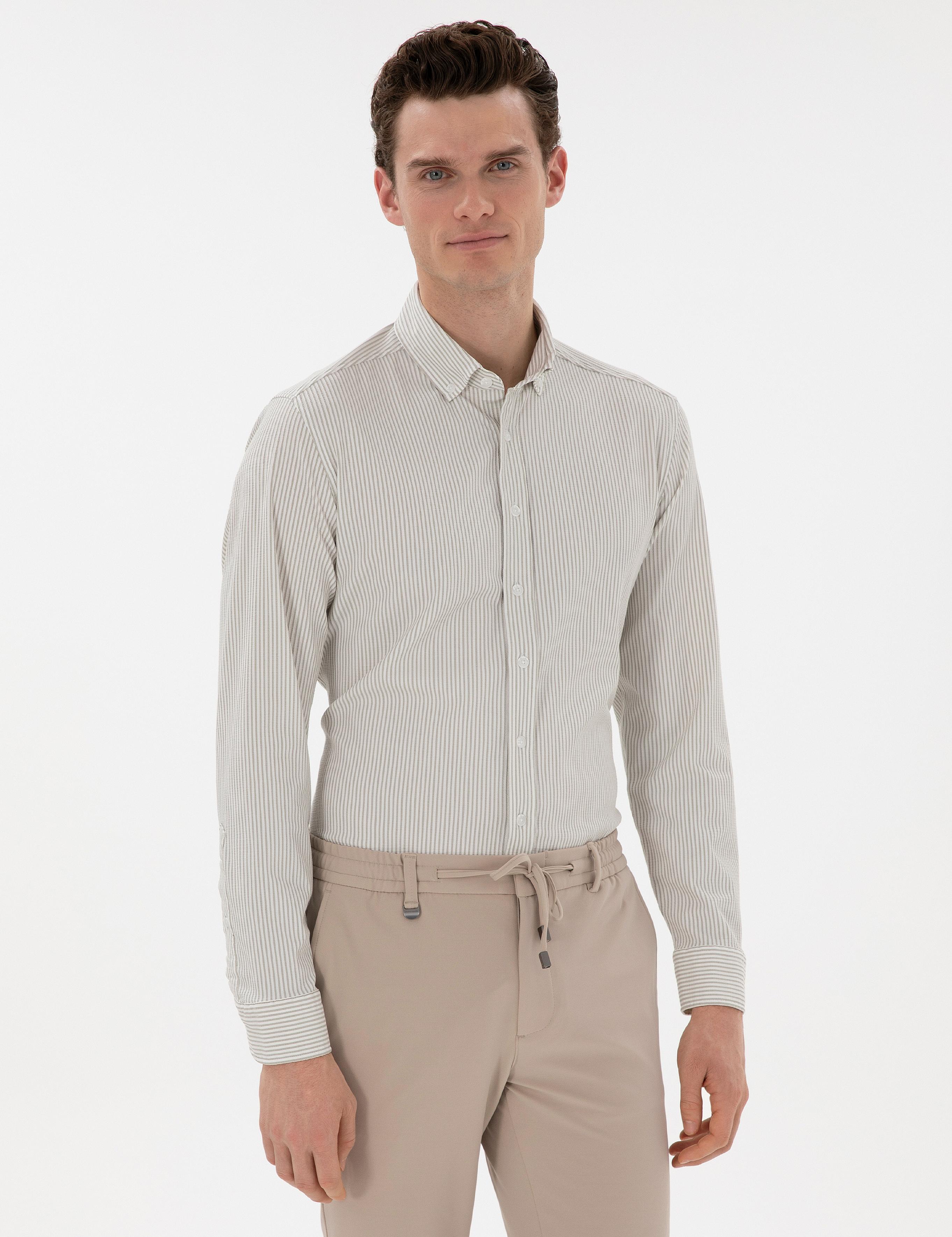 Çağla Slim Fit Çizgili Uzun Kollu Gömlek