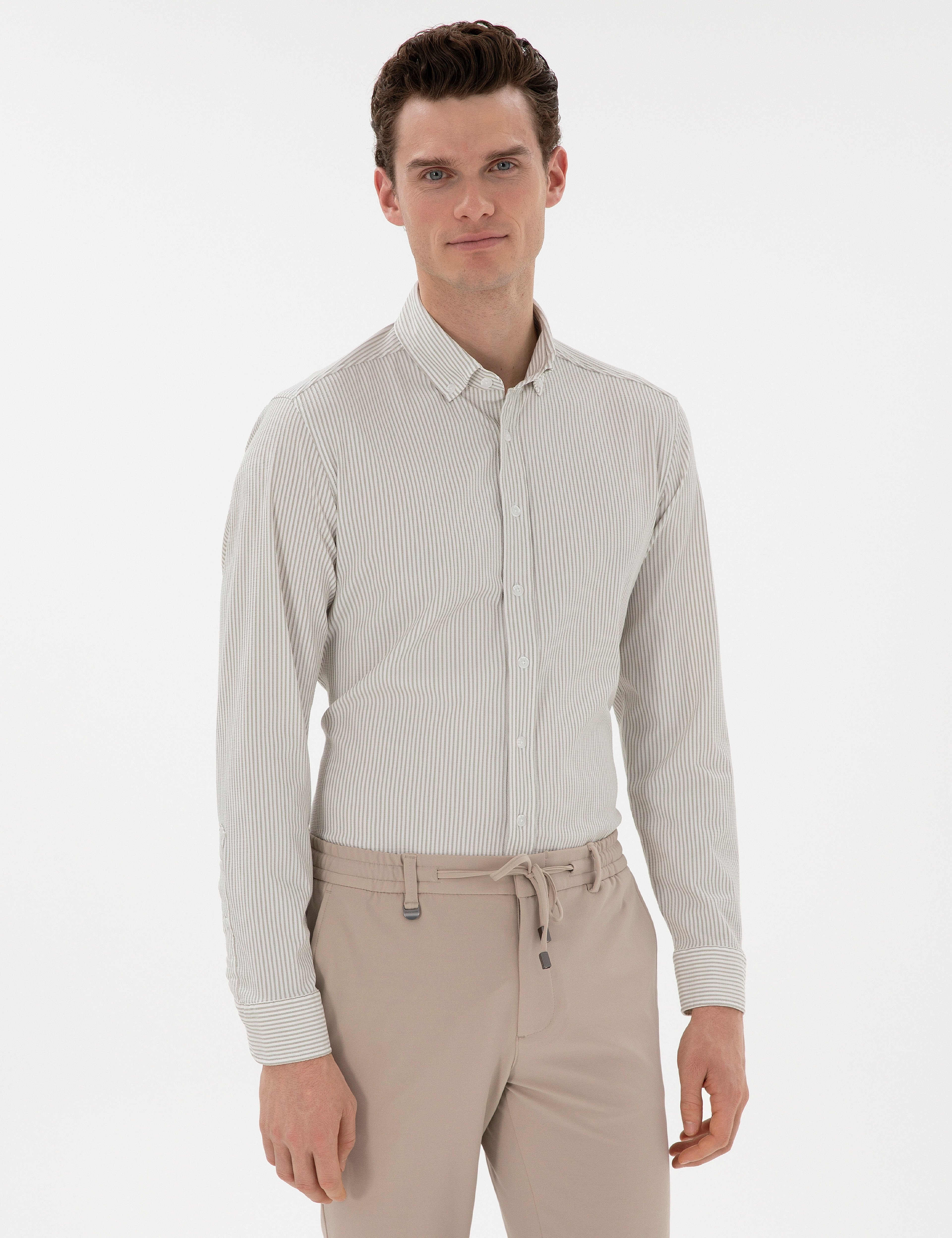 Çağla Slim Fit Çizgili Uzun Kollu Gömlek