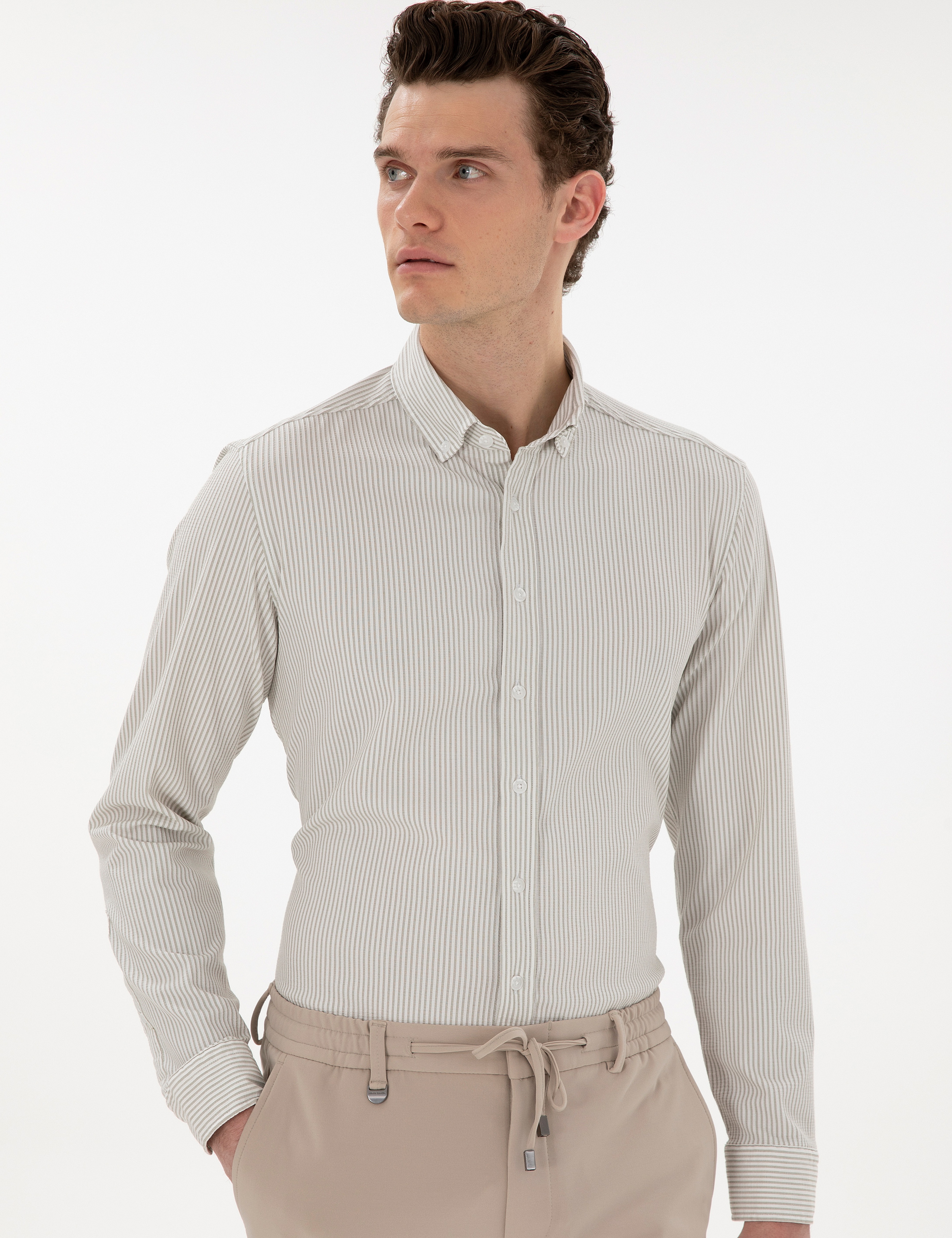 Çağla Slim Fit Çizgili Uzun Kollu Gömlek