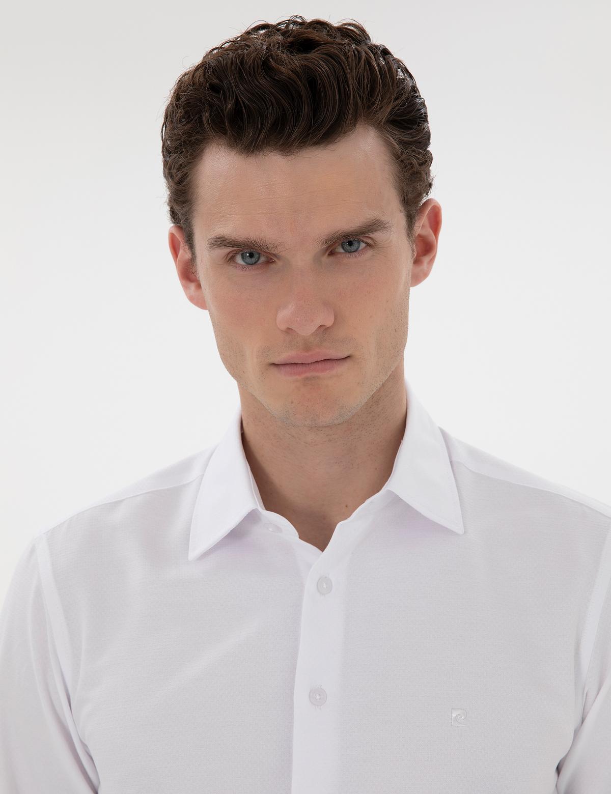 Beyaz İtalyan Yaka Armürlü Uzun Kollu Gömlek - 50303375008