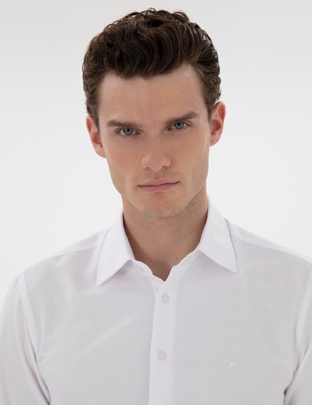 Beyaz İtalyan Yaka Armürlü Uzun Kollu Gömlek - 50303375008