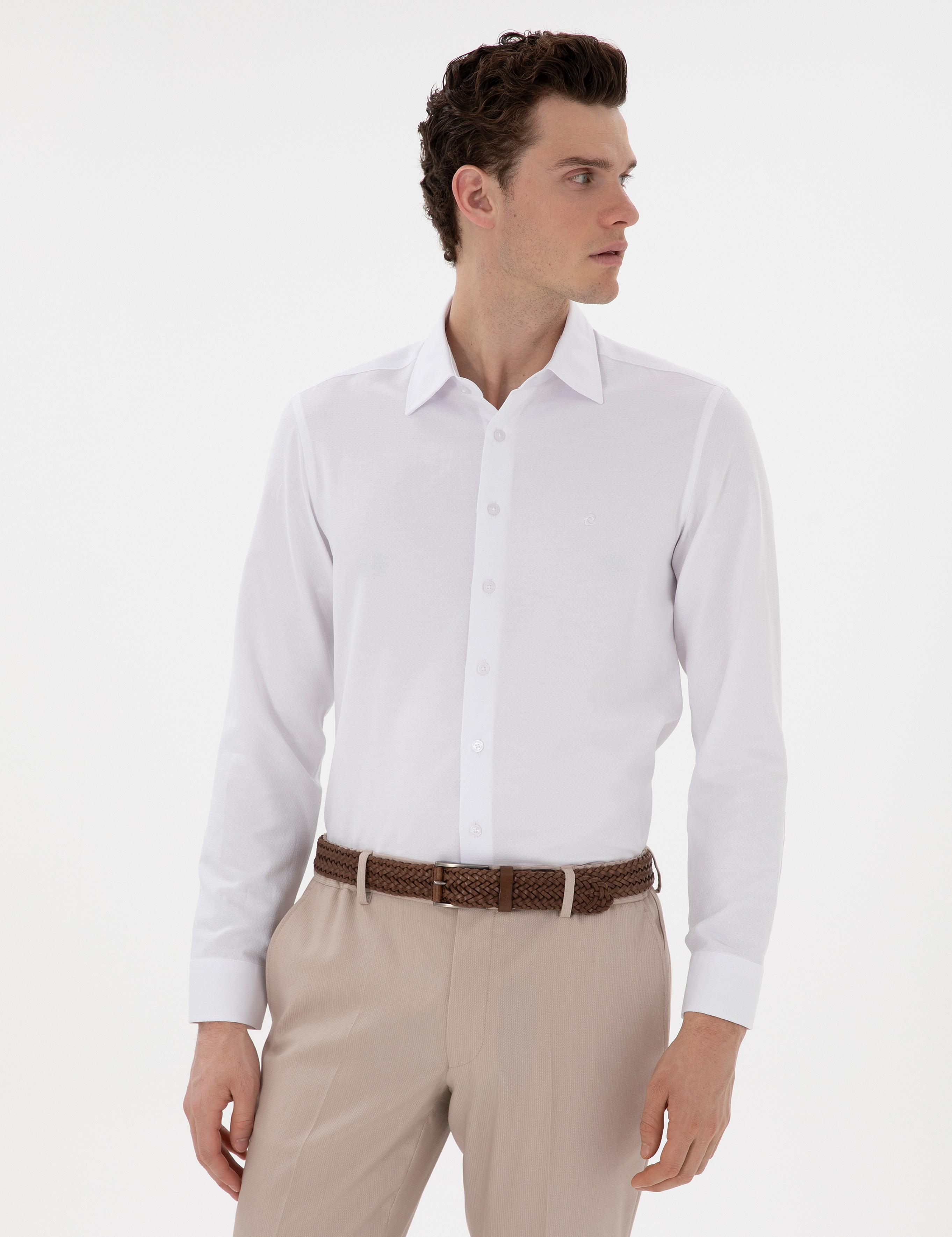 Beyaz İtalyan Yaka Armürlü Uzun Kollu Gömlek