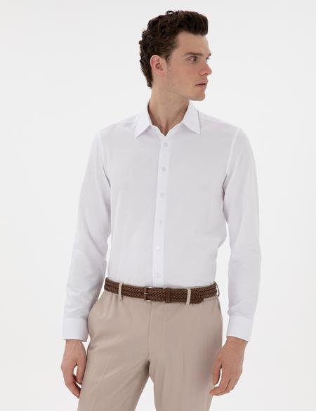 Beyaz İtalyan Yaka Armürlü Uzun Kollu Gömlek - 50303375008