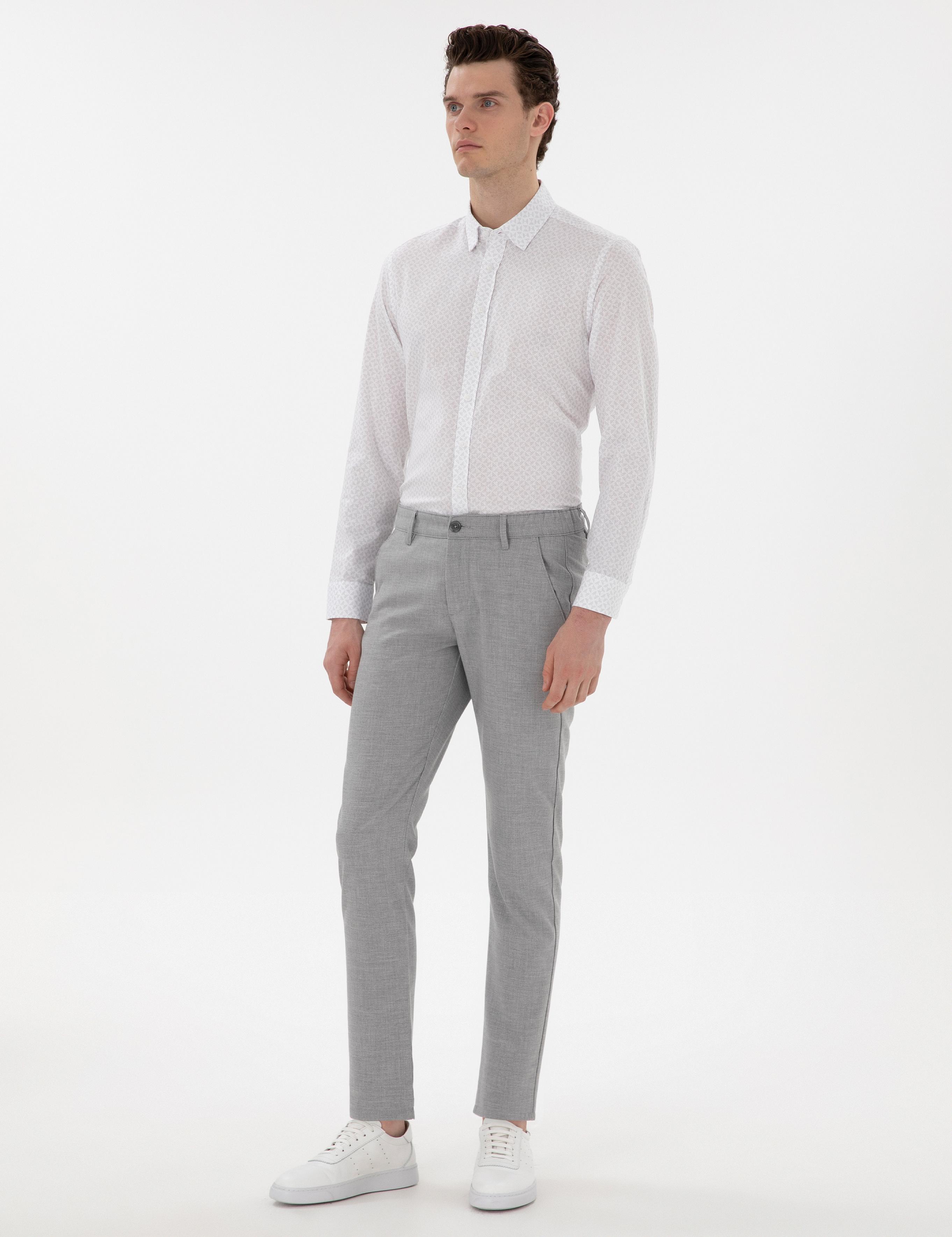 Gri Slim Fit Beli Lastikli Kanvas Pantolon