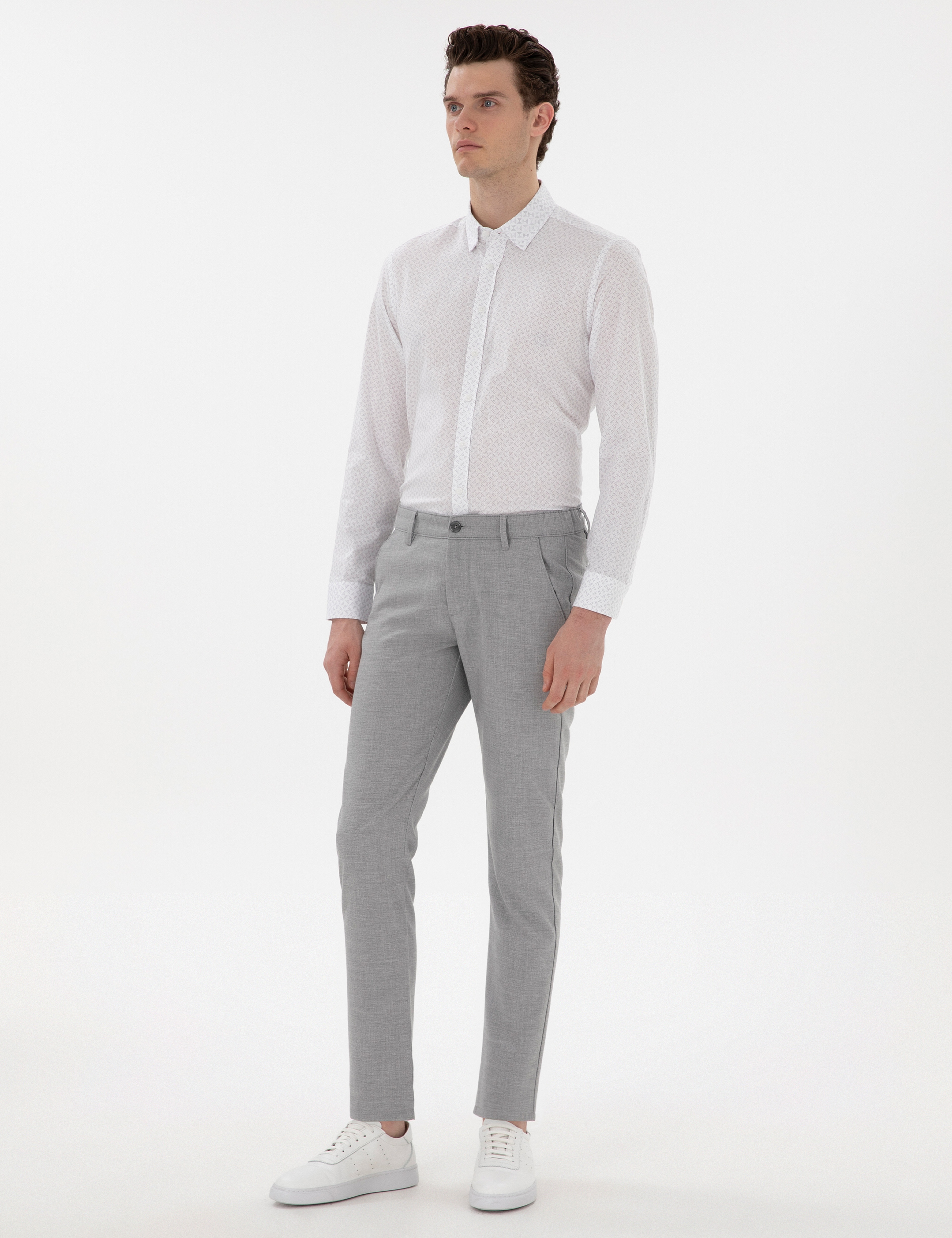 Gri Slim Fit Beli Lastikli Kanvas Pantolon