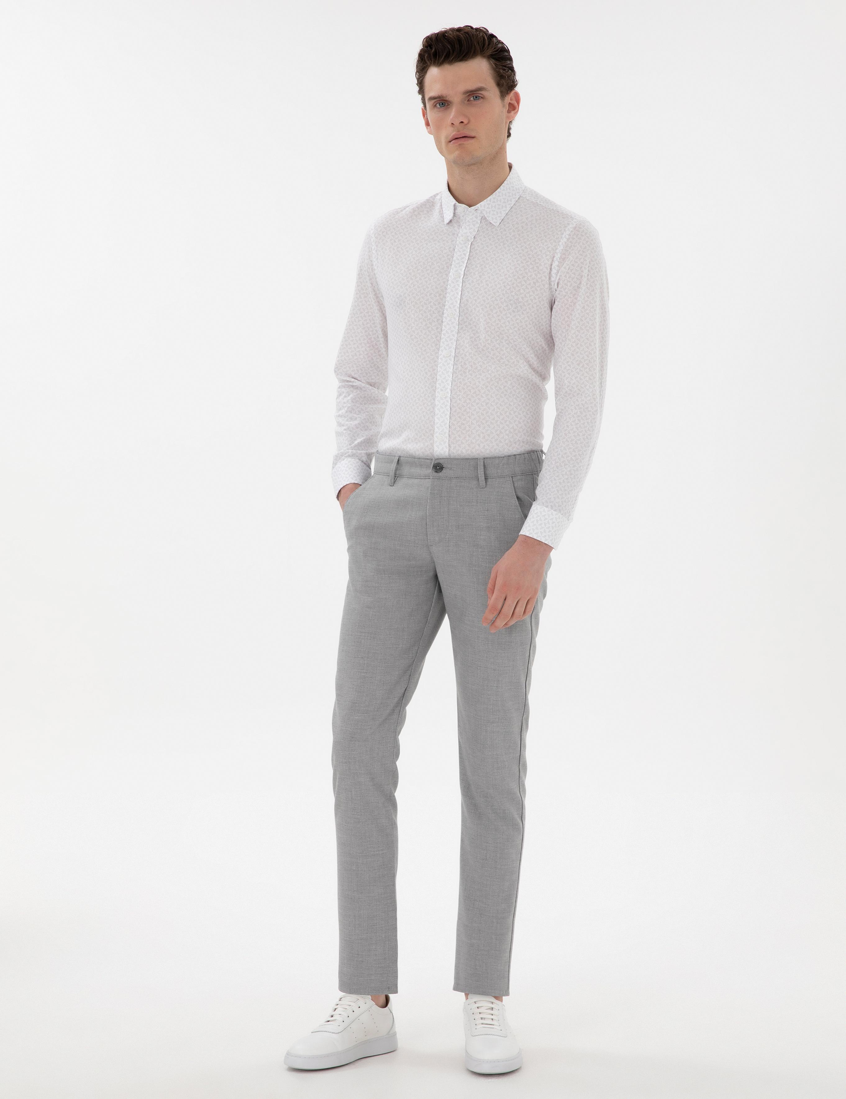 Gri Slim Fit Beli Lastikli Kanvas Pantolon