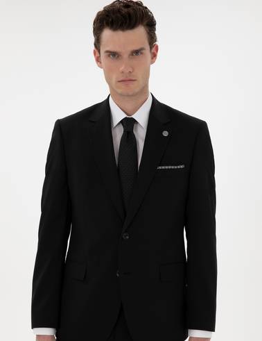 Siyah Slim Fit Yün Takım Elbise