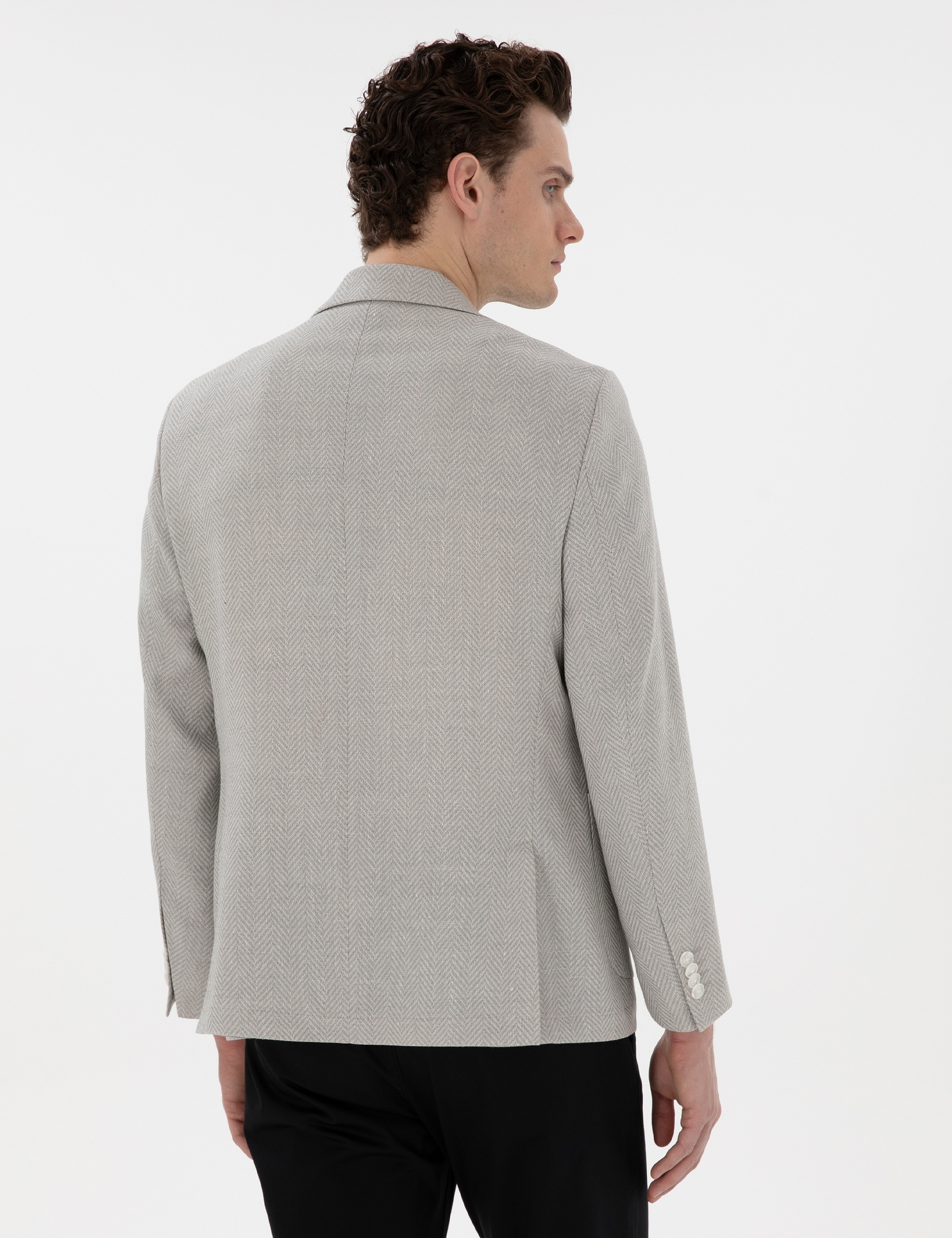 Açık Gri Slim Fit Yün Keten Karışımlı Ceket - Image 5