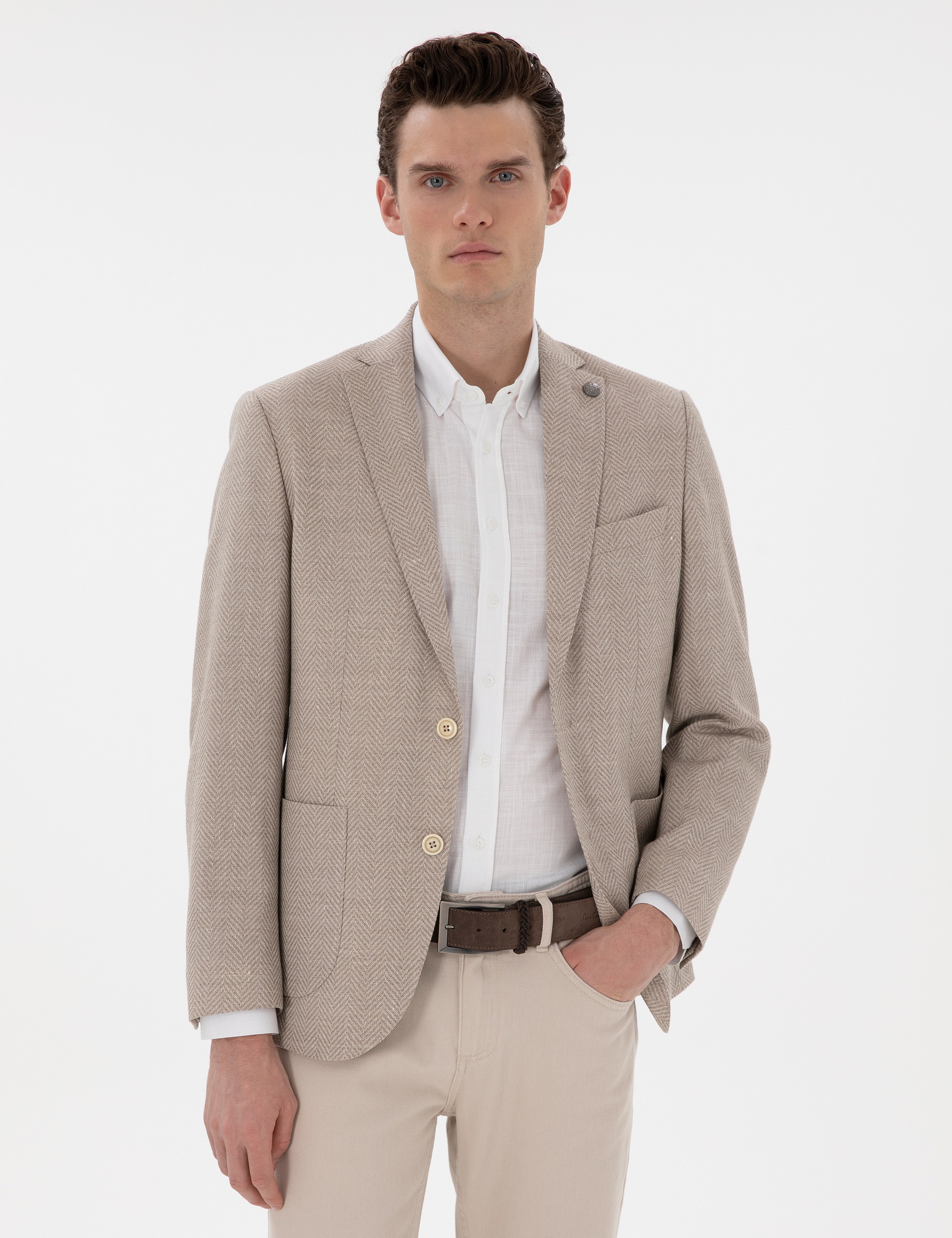 Bej Slim Fit Yün Keten Karışımlı Ceket - Image 1