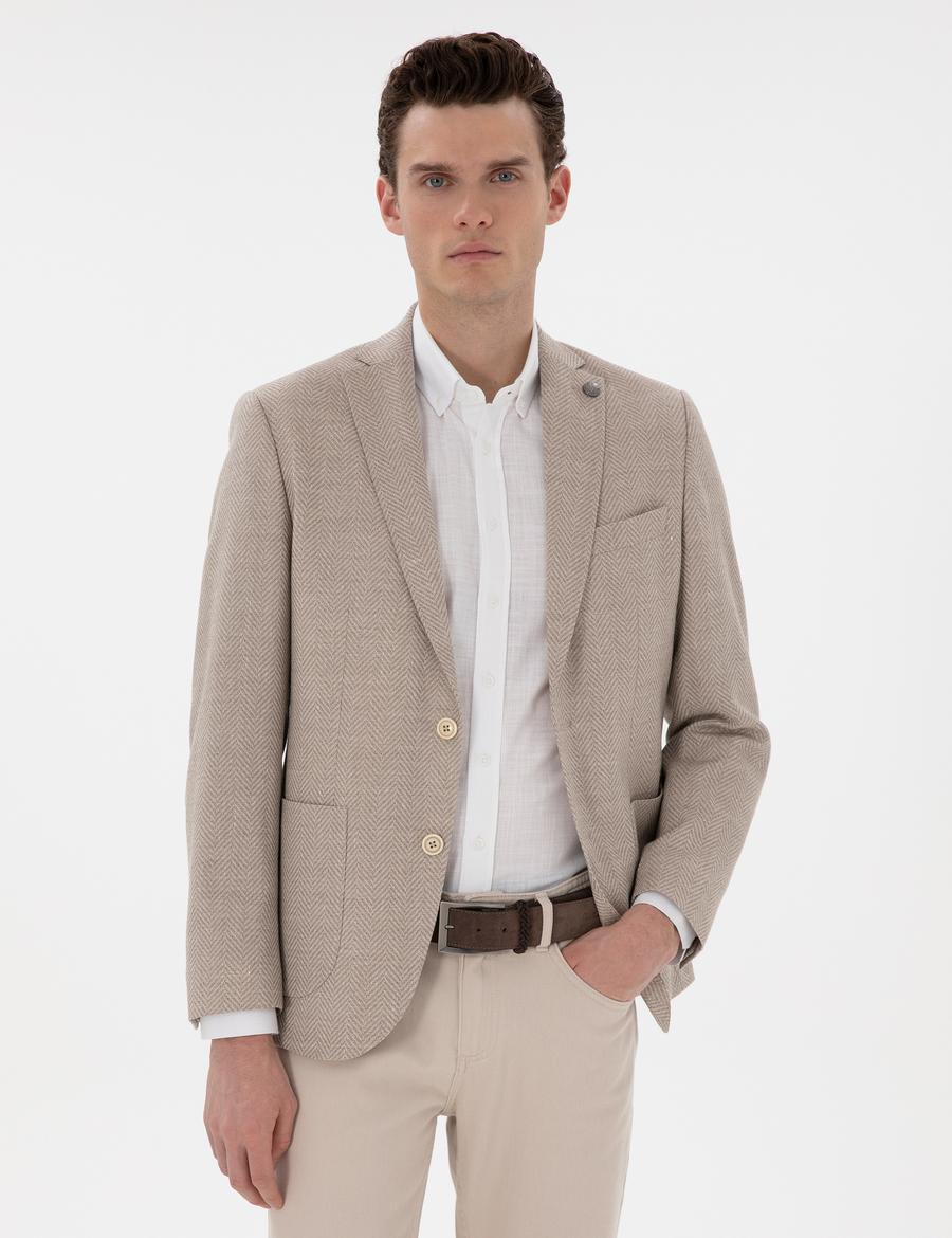 Bej Slim Fit Yün Keten Karışımlı Ceket