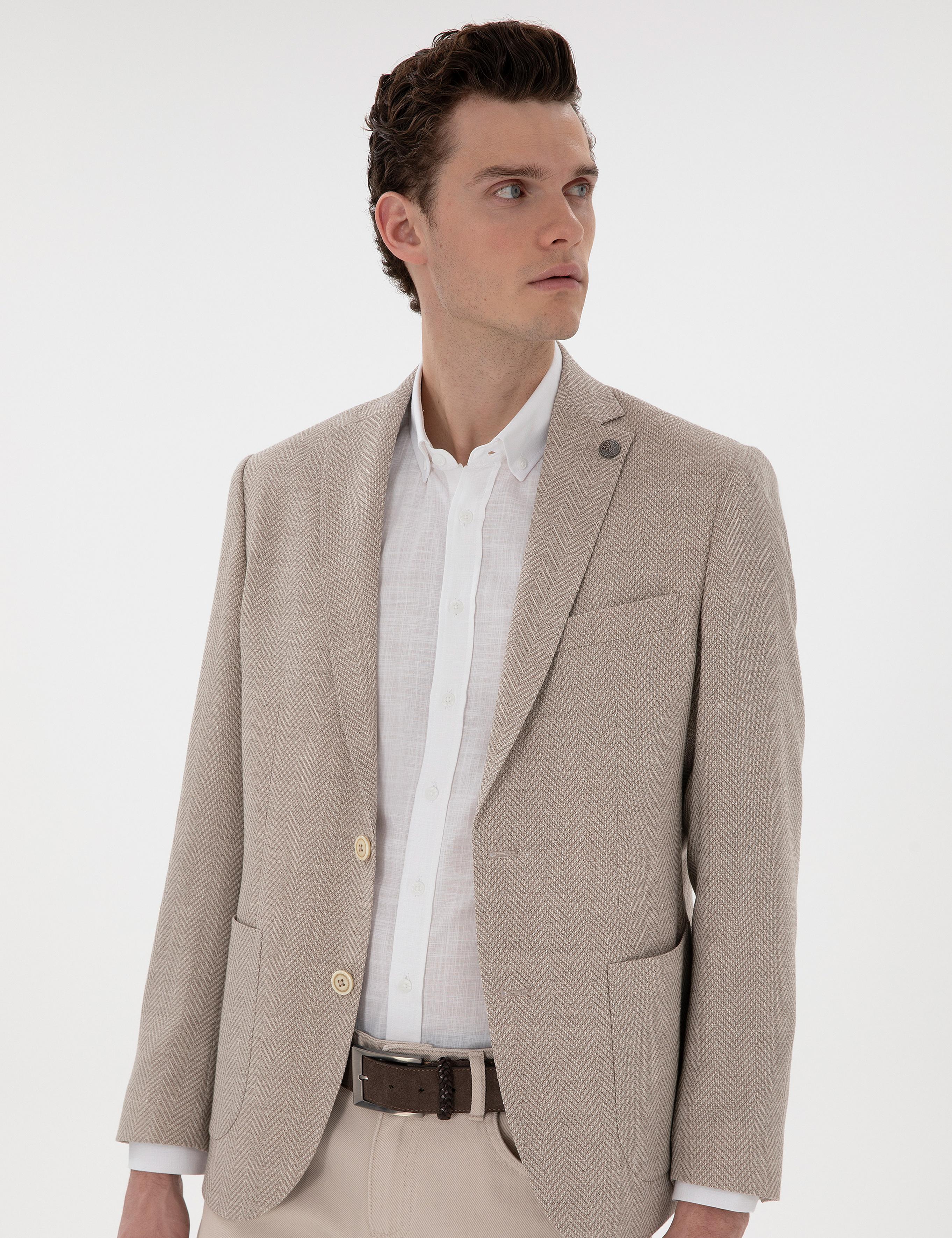 Bej Slim Fit Yün Keten Karışımlı Ceket
